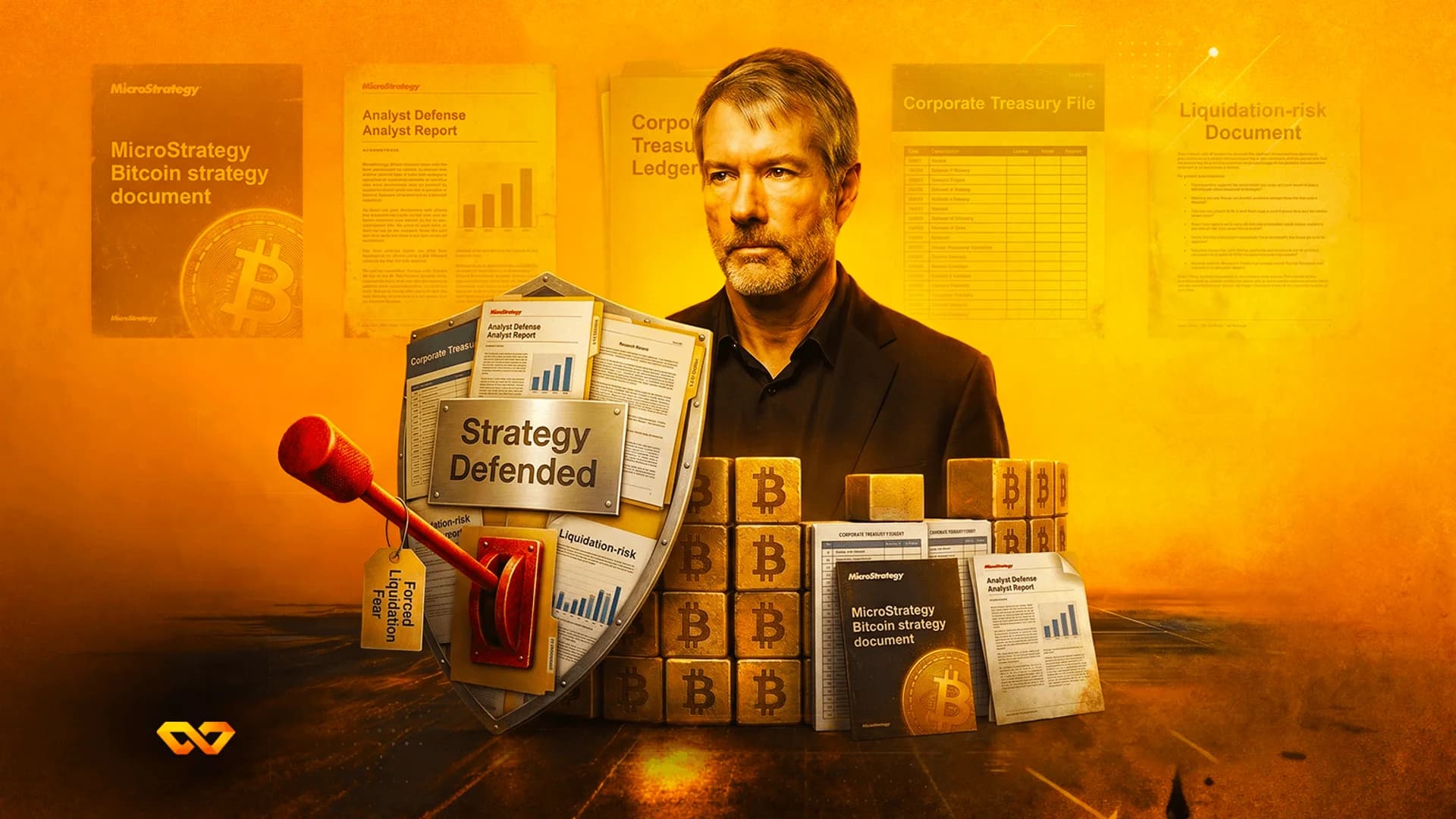 Michael Saylor behind a shield labeled 'Strategy Defended' with gold Bitcoin blocks and MicroStrategy documents.