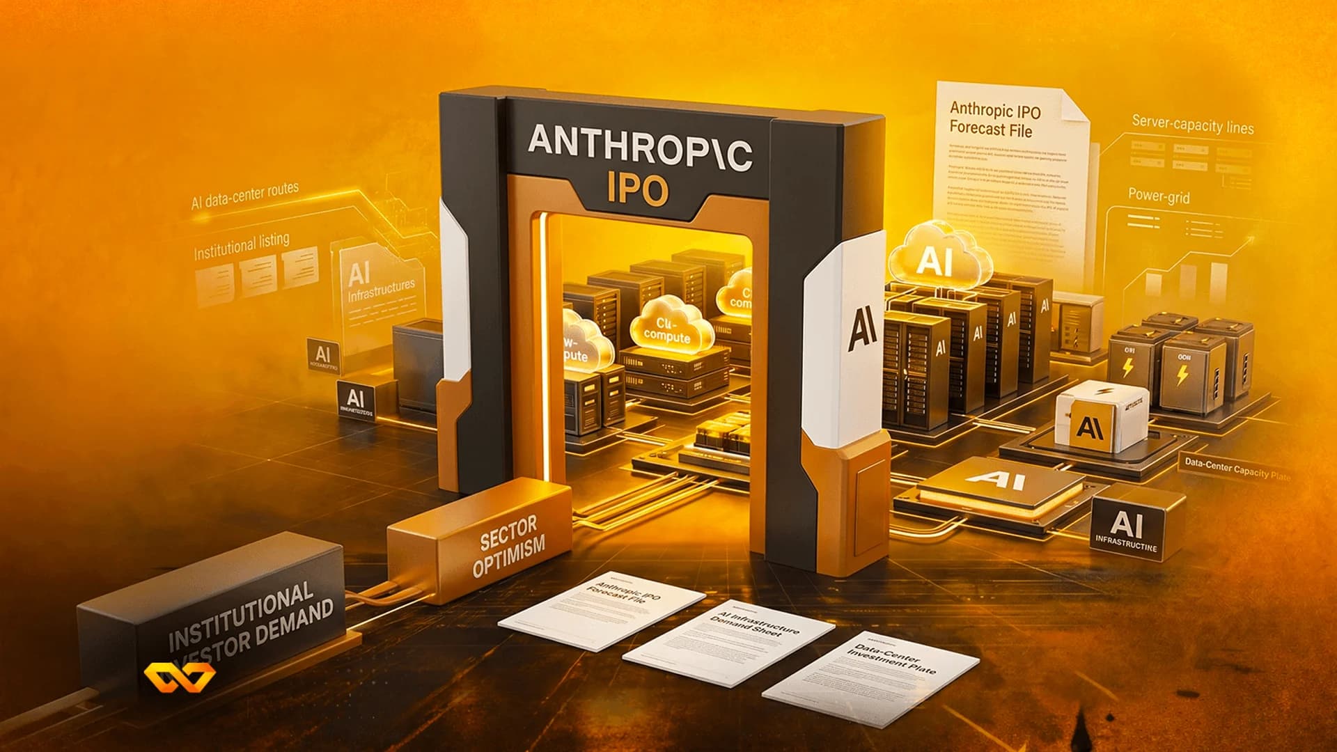رسم توضيحي ثلاثي الأبعاد لبوابة مكتوب عليها ANTHROPIC IPO محاطة بخوادم وأيقونات سحابية ومستندات مالية.