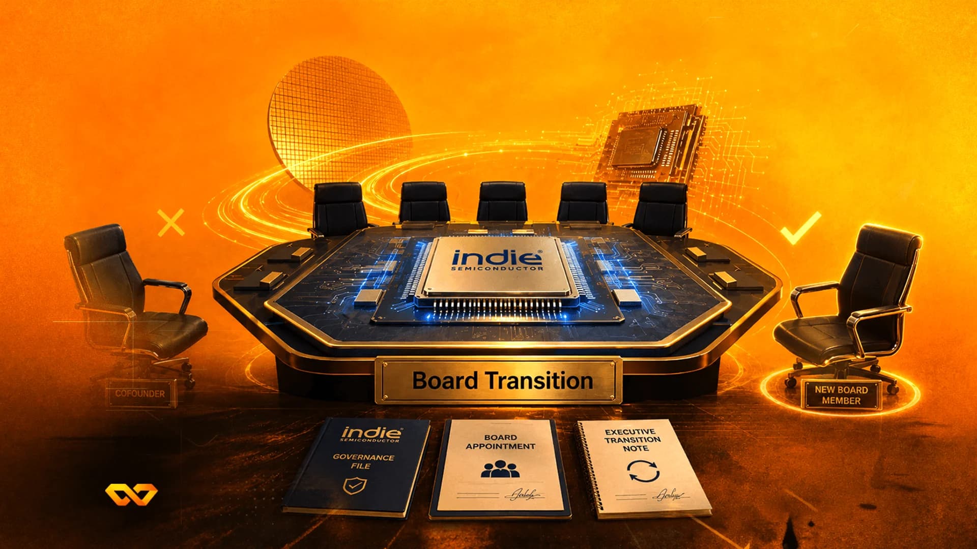 رسم توضيحي رقمي لطاولة مجلس إدارة يتوسطها معالج يحمل شعار indie SEMICONDUCTOR، مع مستندات وكراسي فارغة.