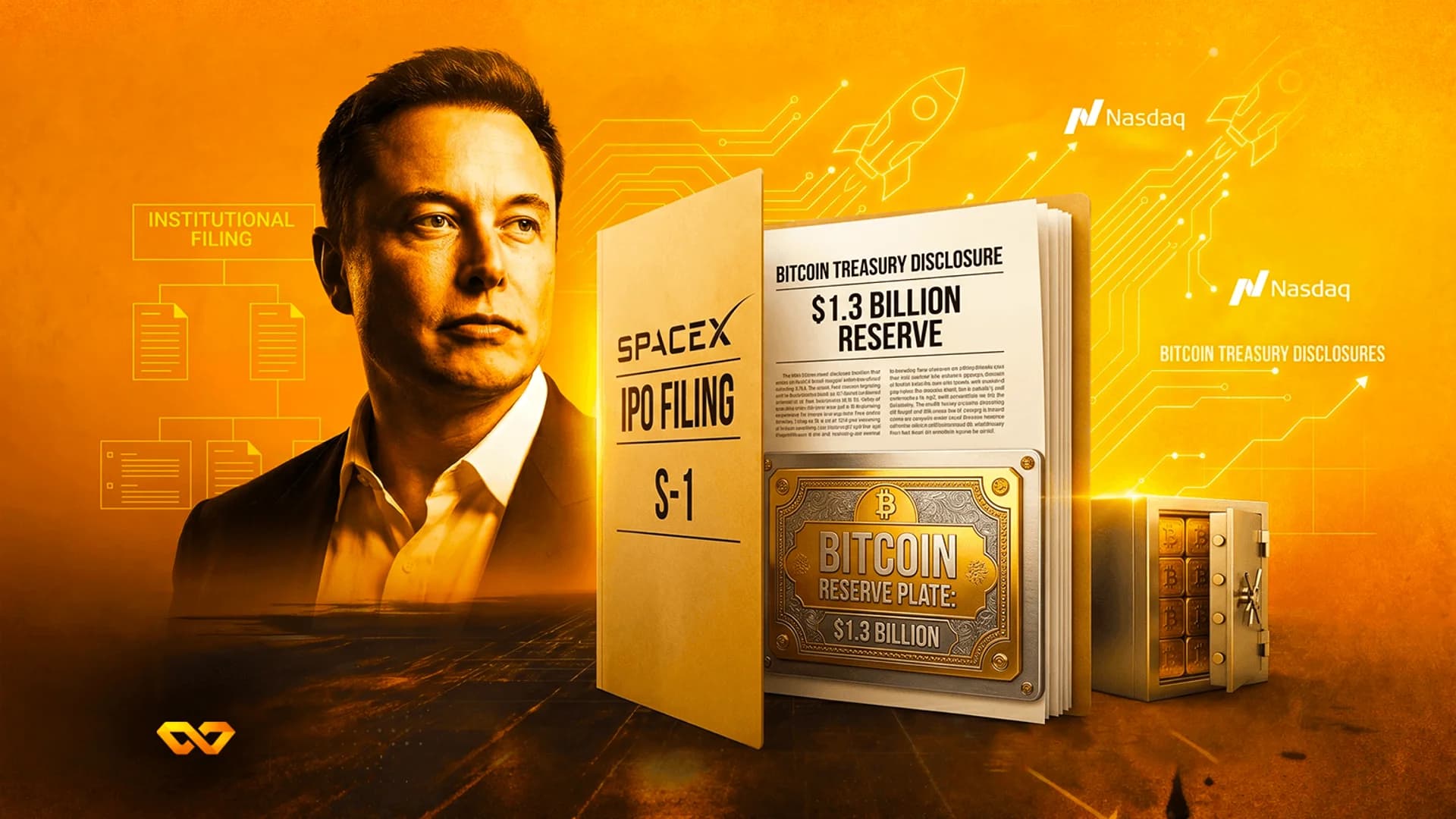 Digital illustration of Elon Musk holding an open SpaceX IPO dossier with glowing gold Bitcoin bars inside.