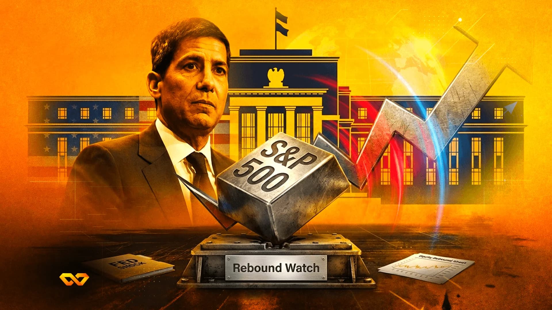 Illustration of a man in a suit next to the Federal Reserve building, an S&P 500 cube, and a rising chart arrow.