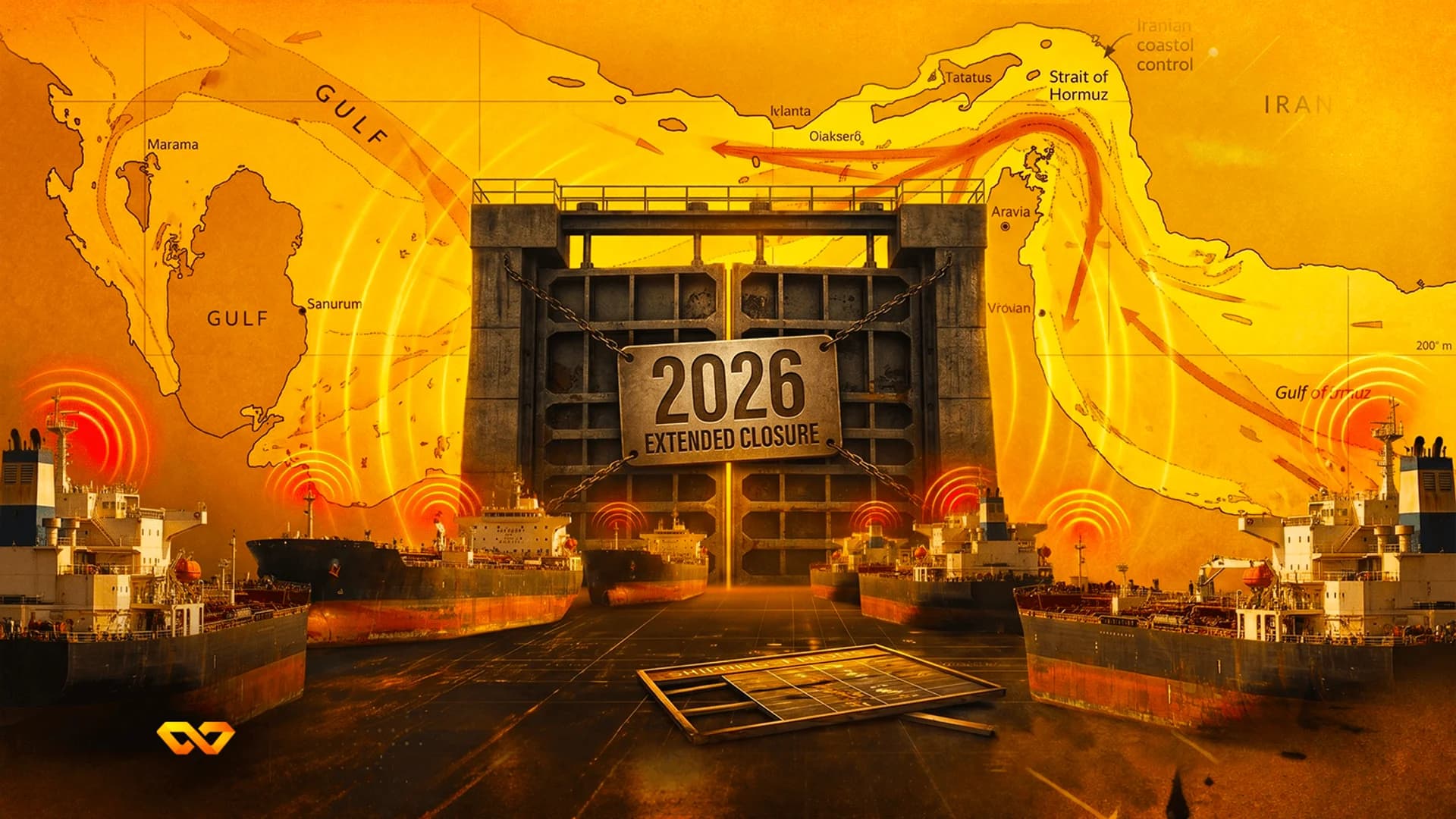 Digital art of oil tankers blocked by a large metal gate with a 2026 closure sign over a map of the Strait of Hormuz.