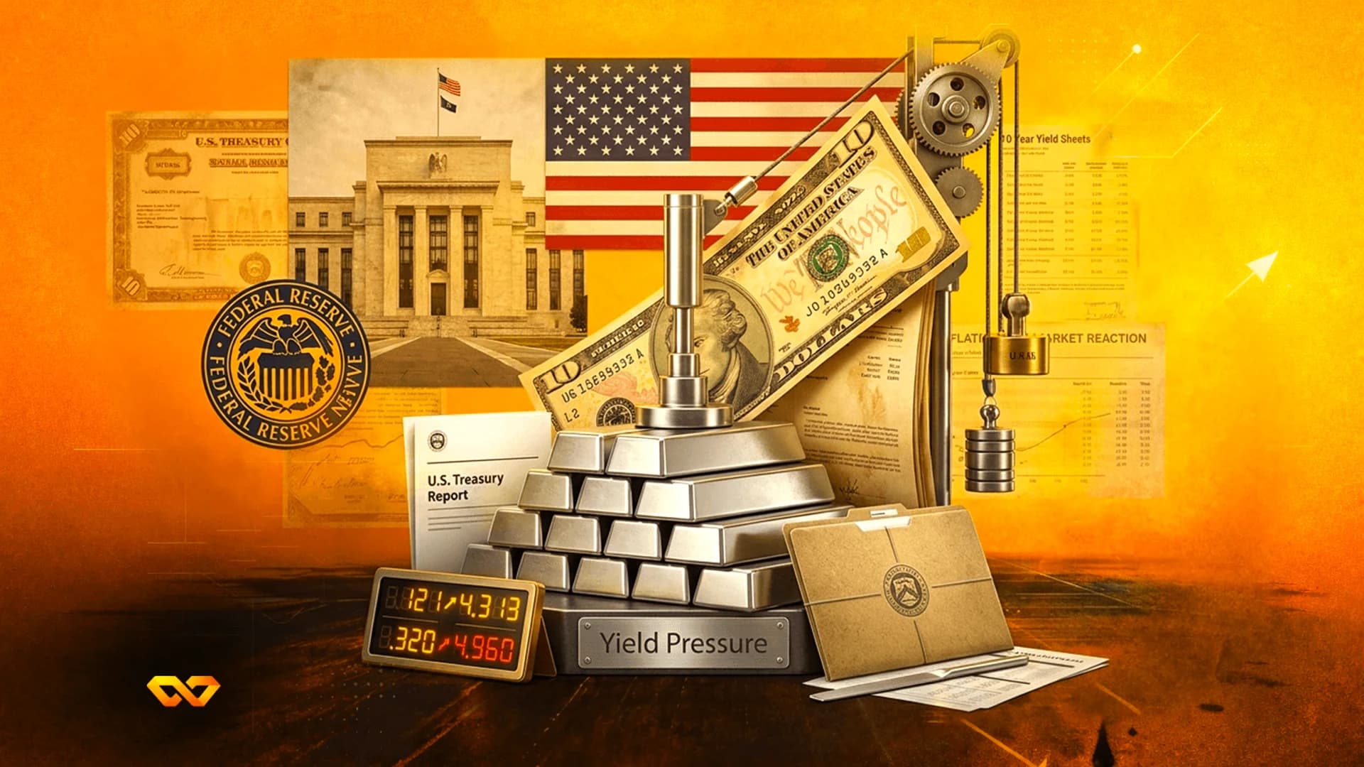 Collage featuring the US Federal Reserve building, US flag, dollar bills, silver bars, and a yield pressure gauge.