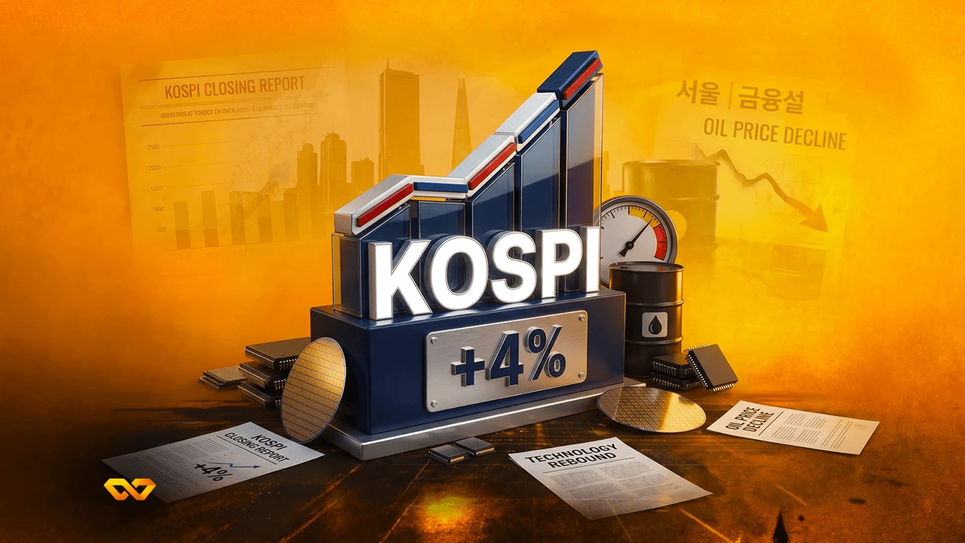 3D illustration of a rising bar chart with 'KOSPI' and '+4%' text, surrounded by microchips and oil barrels.
