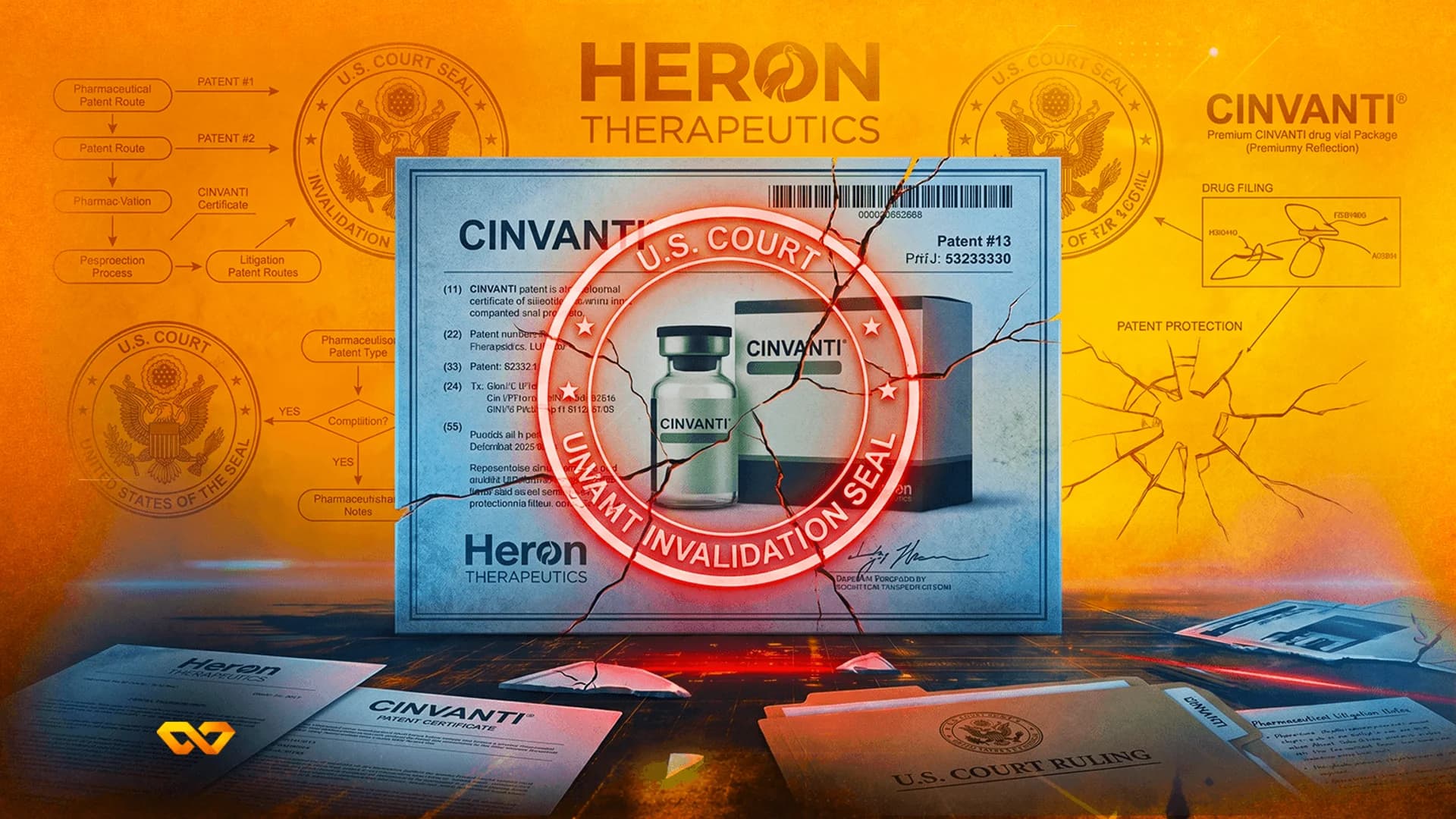 Cinvanti drug patent document with a red U.S. Court Invalidation Seal and cracked glass on an orange background.