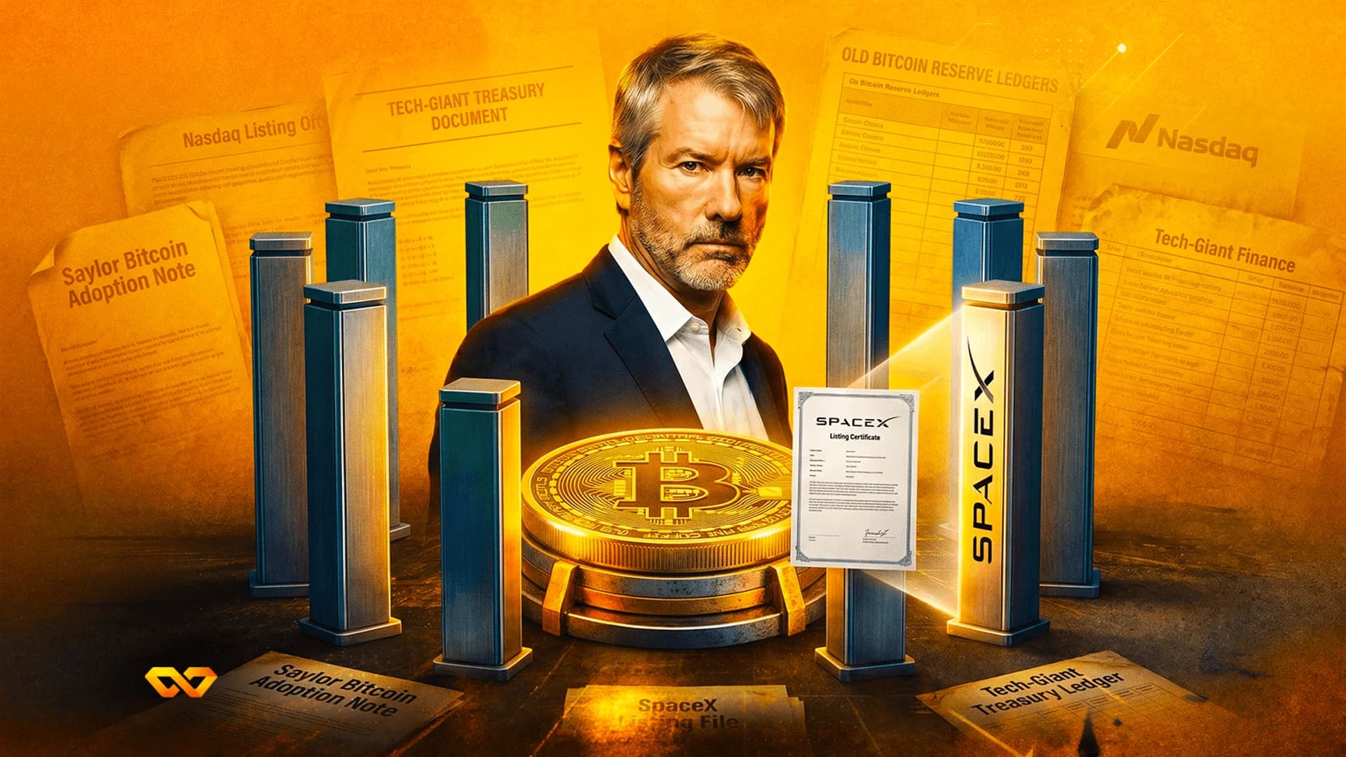 Michael Saylor surrounded by financial documents, pillars, and a large Bitcoin coin on an orange background.