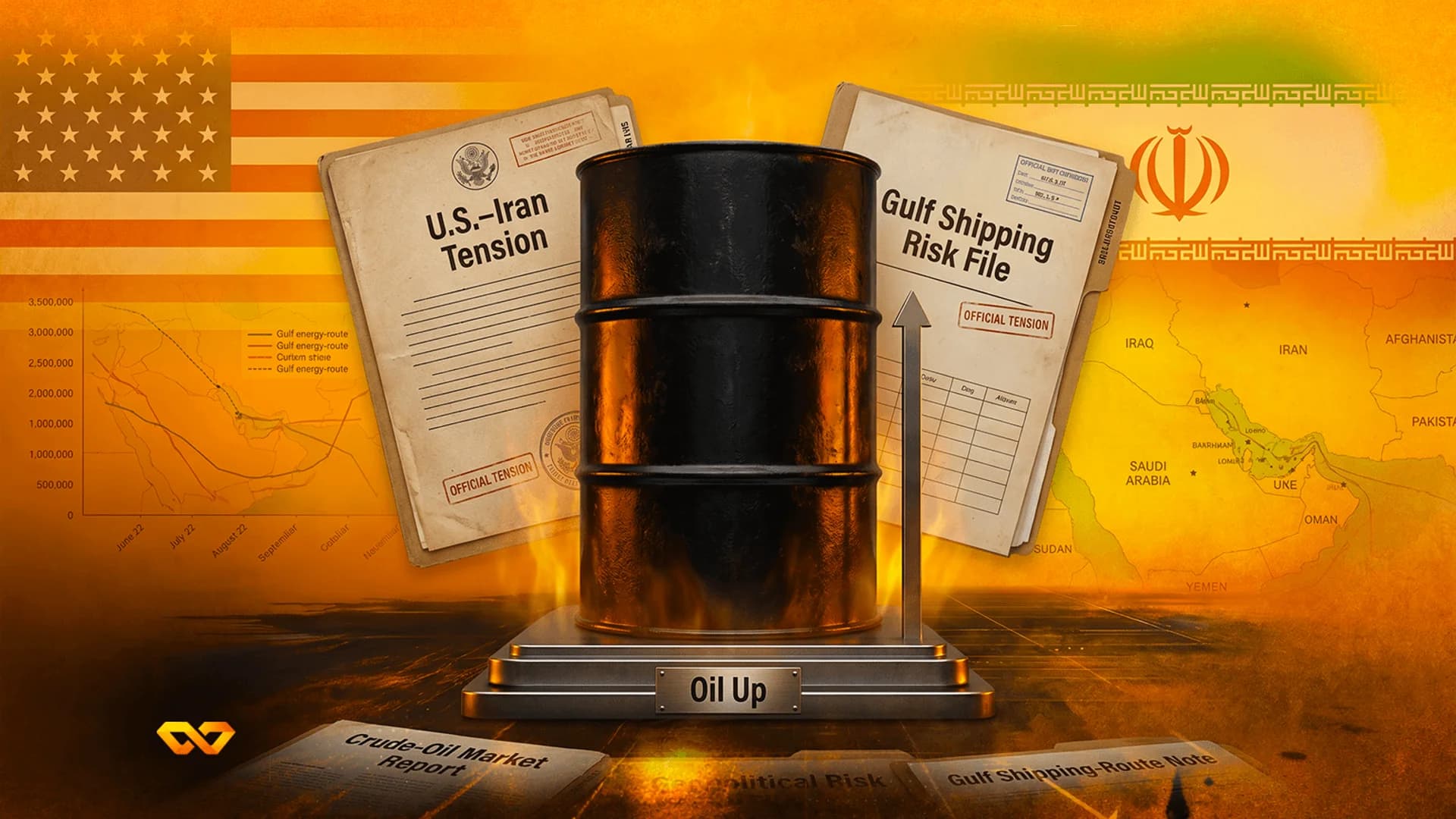 A black oil barrel on a pedestal between the US and Iranian flags, surrounded by geopolitical risk documents.