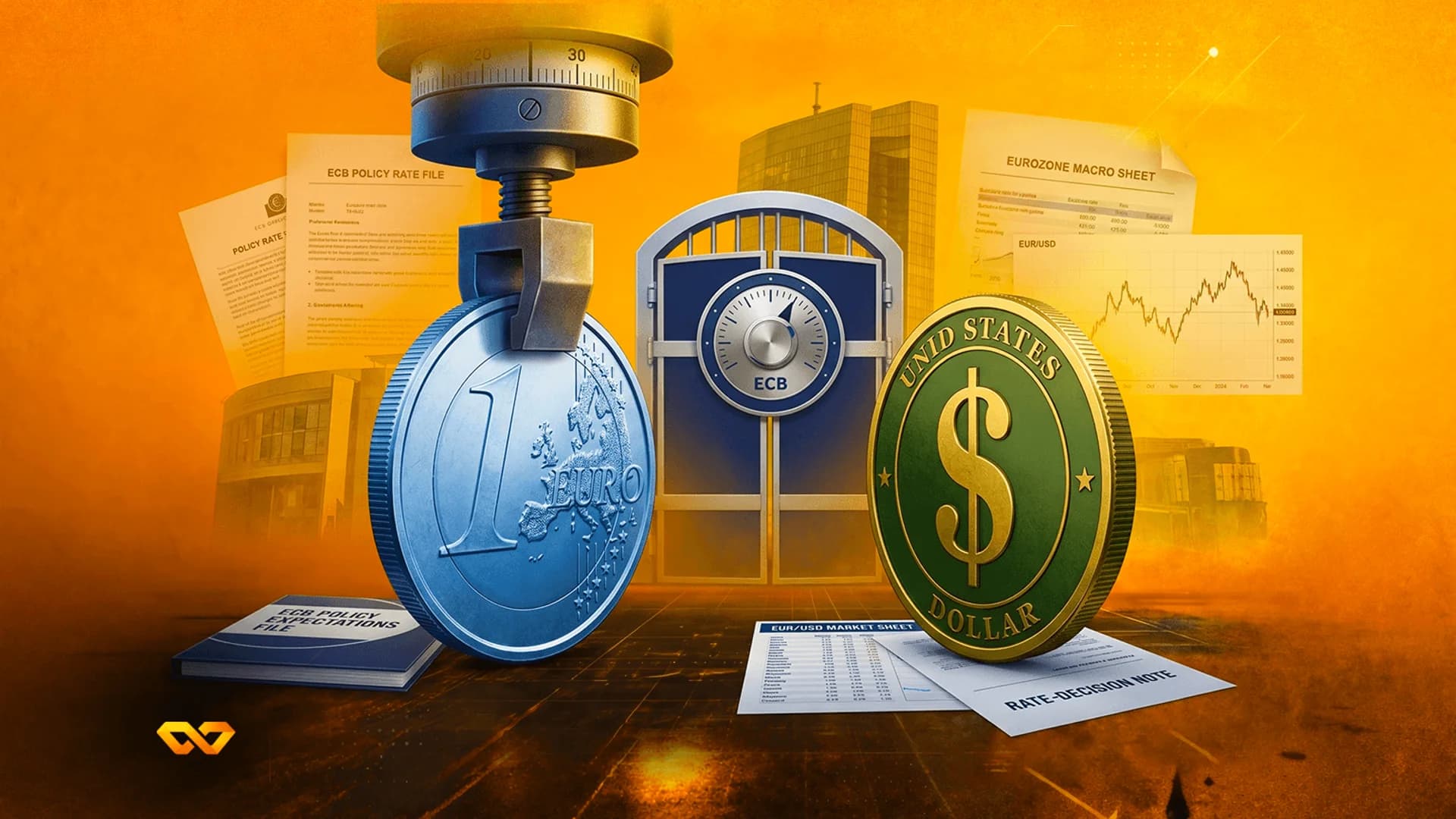 A blue Euro coin held by a metal clamp next to a green US Dollar coin, with an ECB vault and documents in the background.