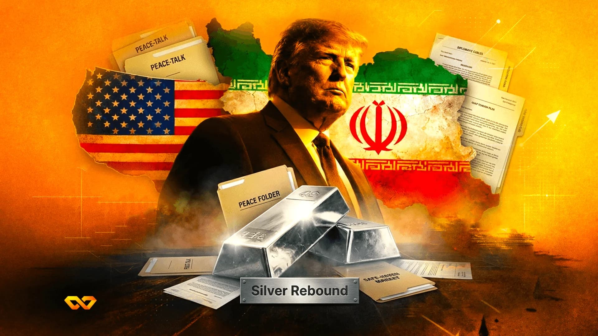 Digital collage of Donald Trump, US and Iran flags, silver bars, and folders on a textured orange background.