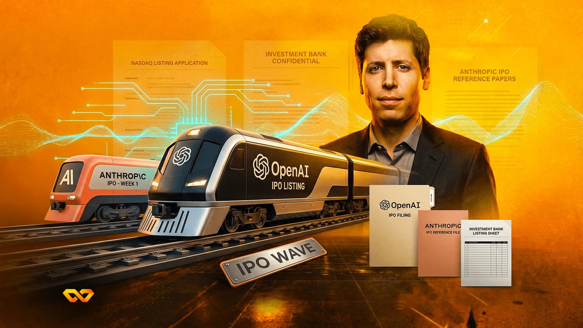 Digital illustration of Sam Altman behind OpenAI and Anthropic trains on tracks labeled IPO WAVE, orange background.
