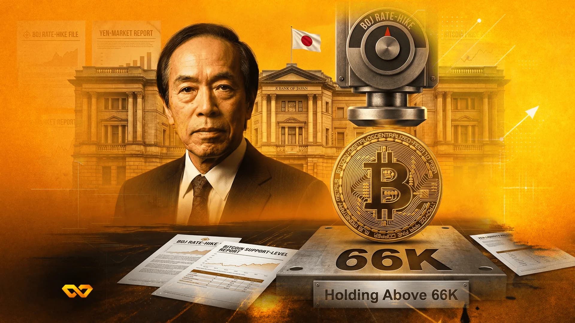 Portrait of Kazuo Ueda with the Bank of Japan building, a Bitcoin coin, and financial reports on a yellow background.