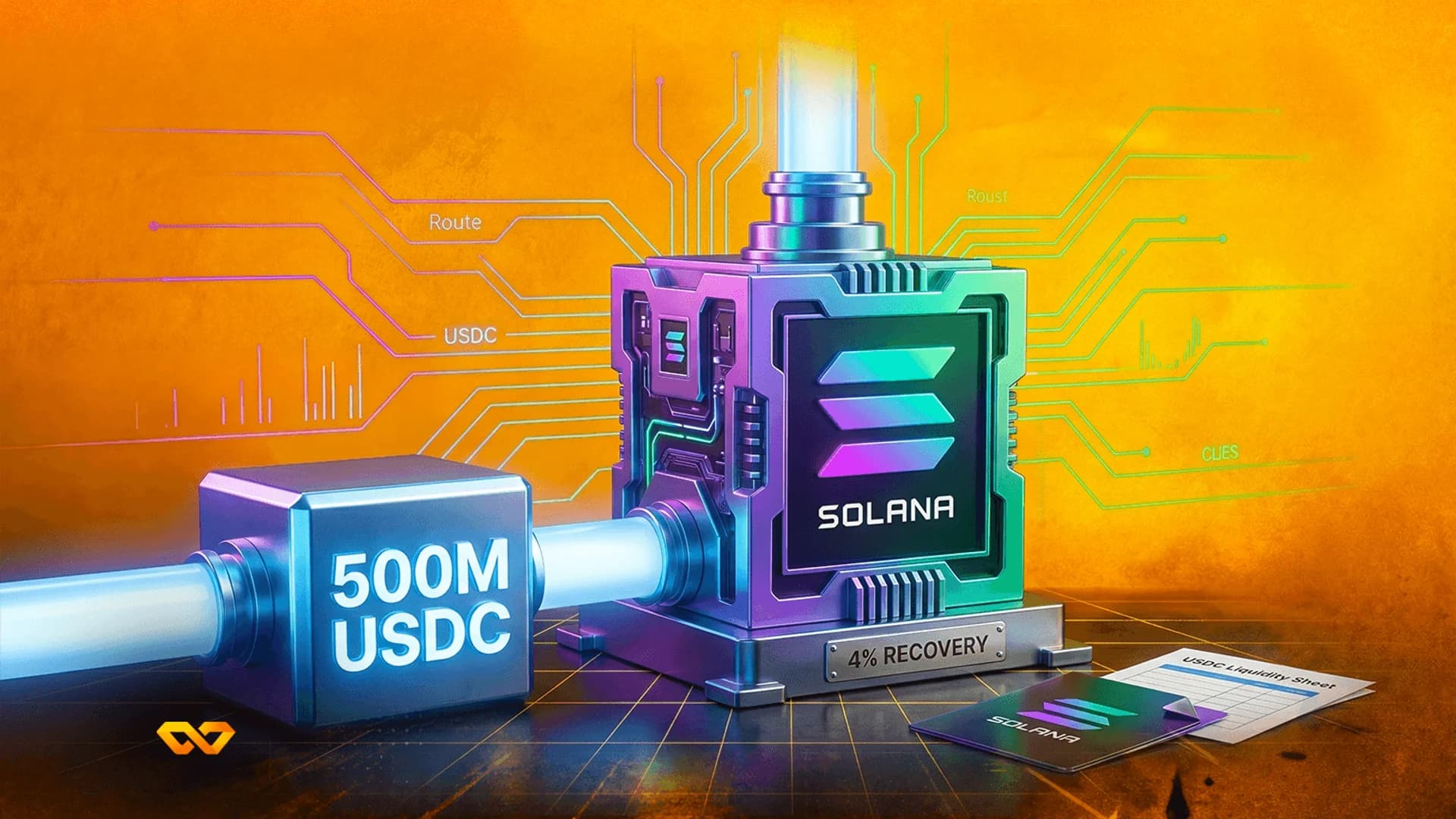 Futuristic machine with Solana logo and a 500M USDC cube on an orange background with circuit lines.