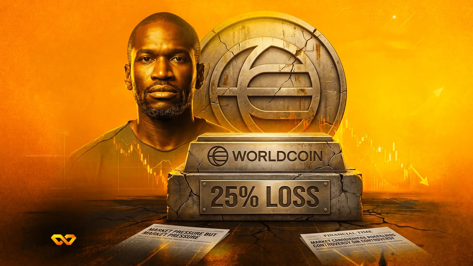 Man next to a cracked Worldcoin emblem and a stone block reading 25% LOSS over an orange candlestick chart background.