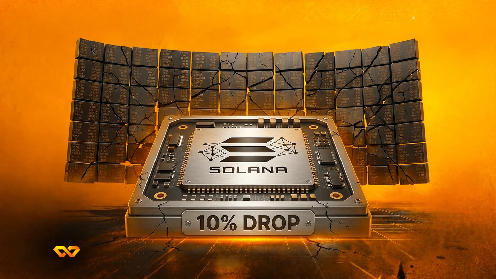 Solana logo on a computer chip with a '10% DROP' label against a background of cracked data blocks.