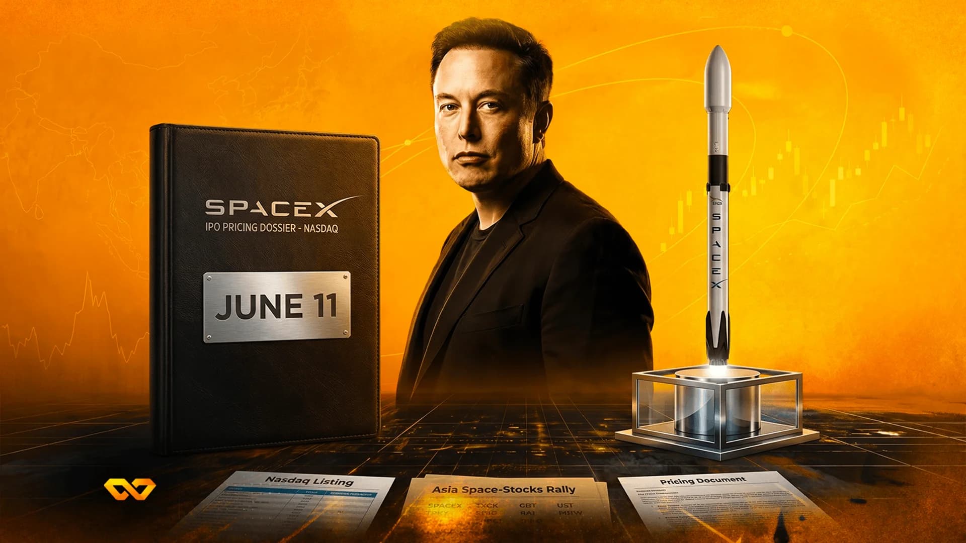 Elon Musk next to a SpaceX IPO dossier and a rocket model against an orange background with stock charts.