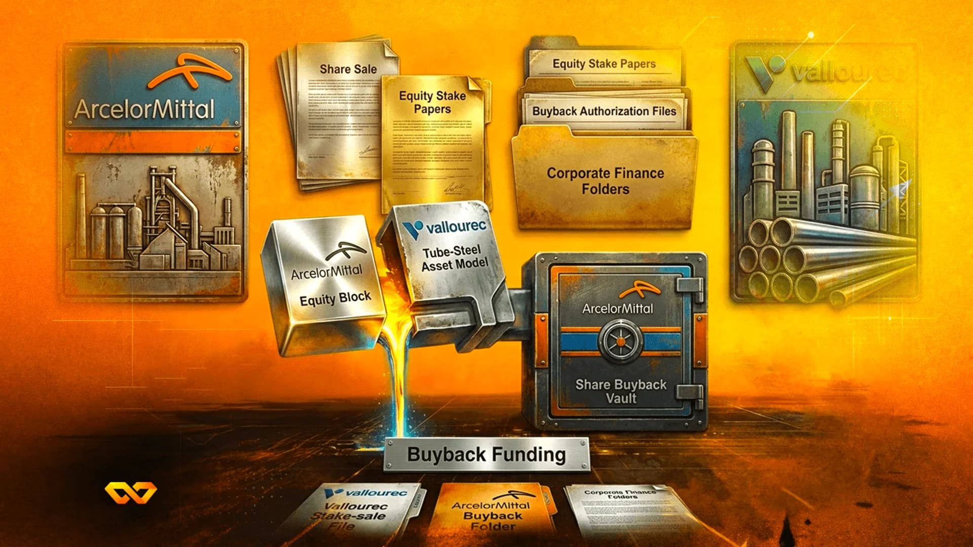 Industrial illustration with ArcelorMittal and Vallourec logos, metal blocks, a vault, and corporate finance folders.