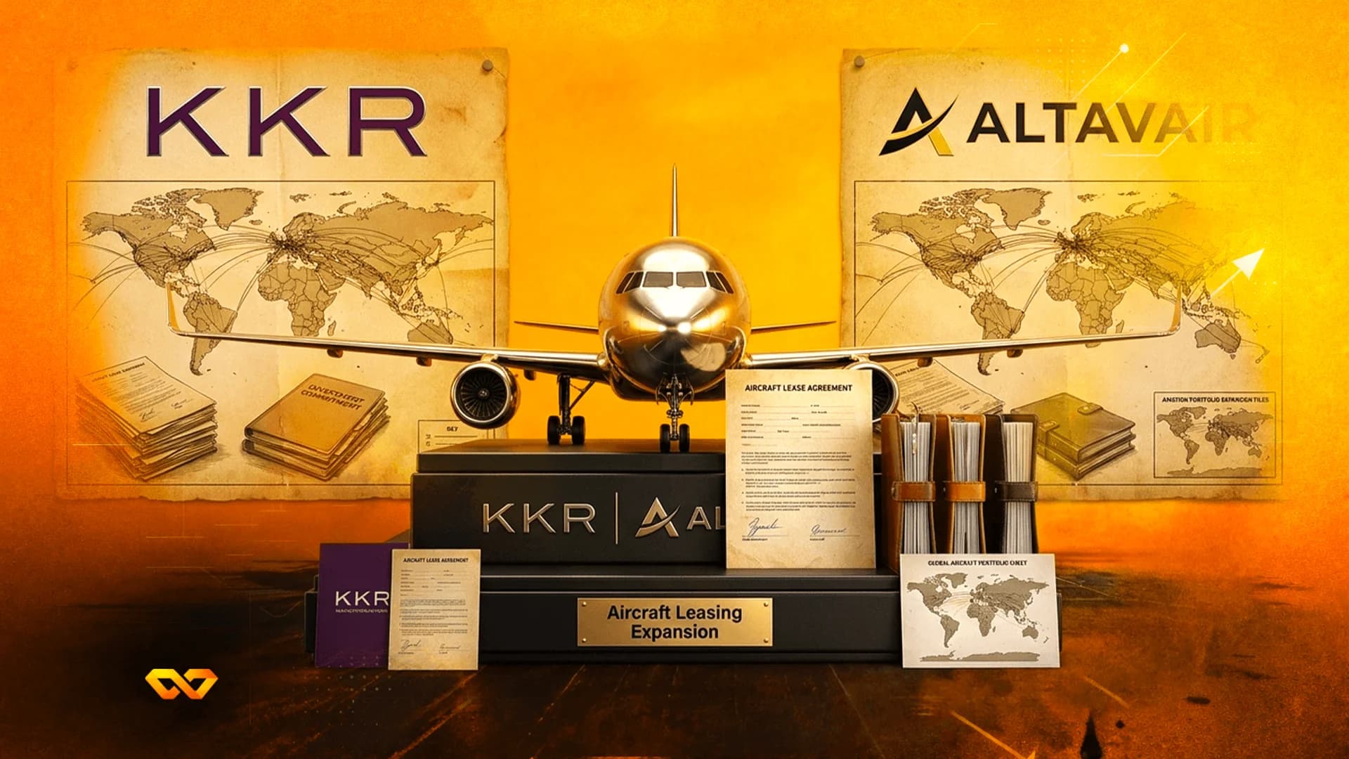نموذج طائرة فضي على قاعدة سوداء تحمل شعاري KKR وAltavair، محاط بخرائط عالمية ووثائق تأجير طائرات.
