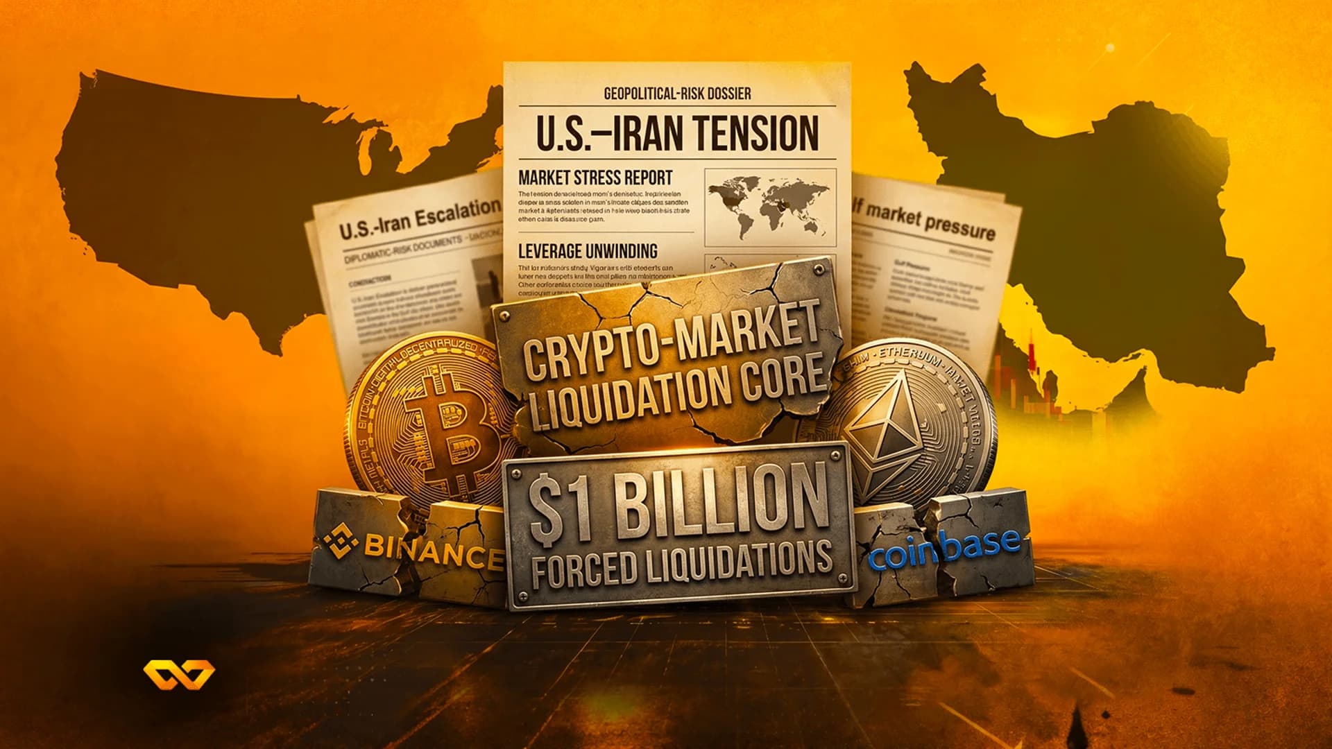 Digital collage with US and Iran maps, Bitcoin and Ethereum coins, and Binance and Coinbase logos on stone blocks.