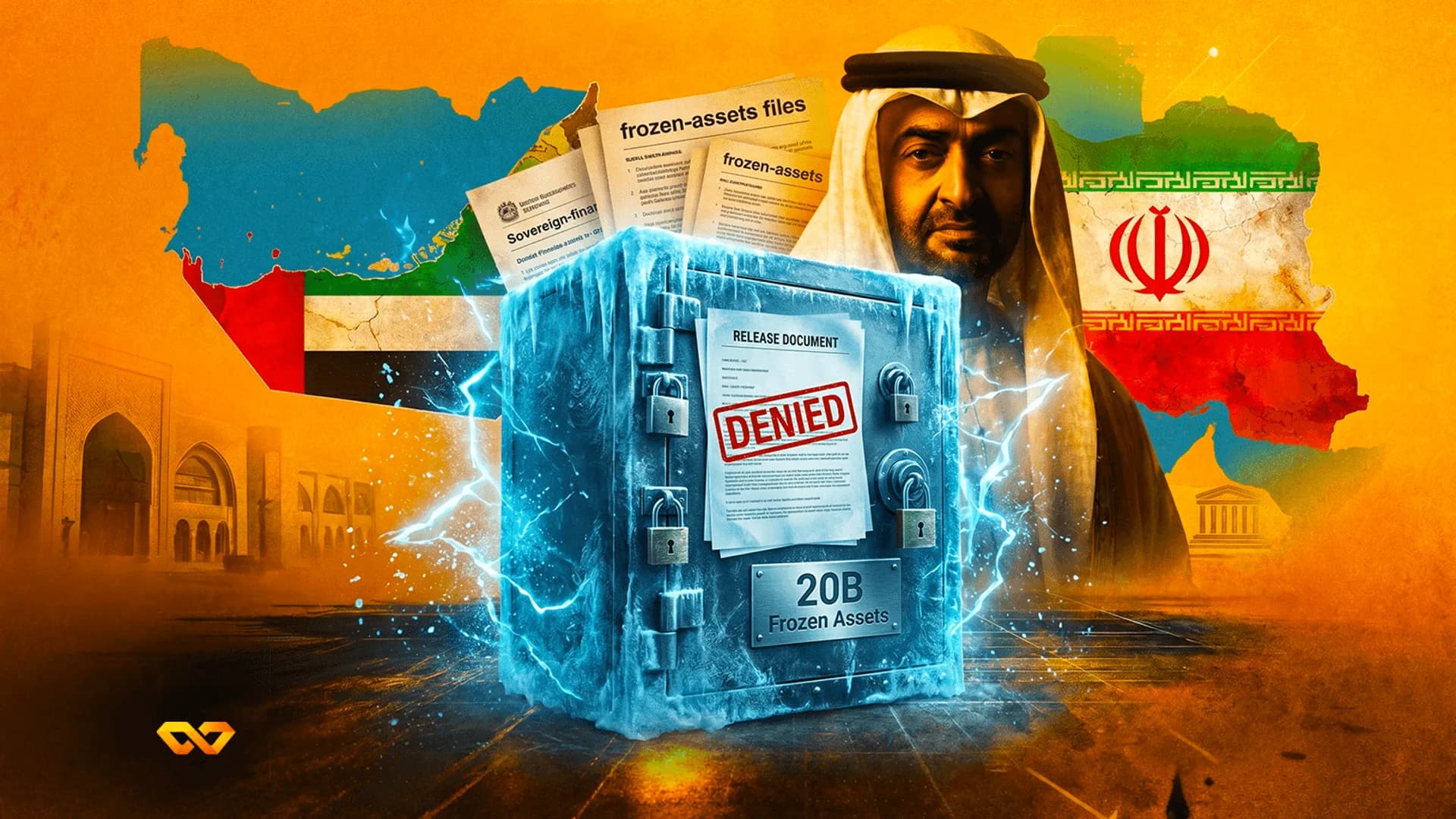 A frozen blue safe with a 'DENIED' stamp, set against maps of UAE and Iran and a portrait of an Emirati leader.