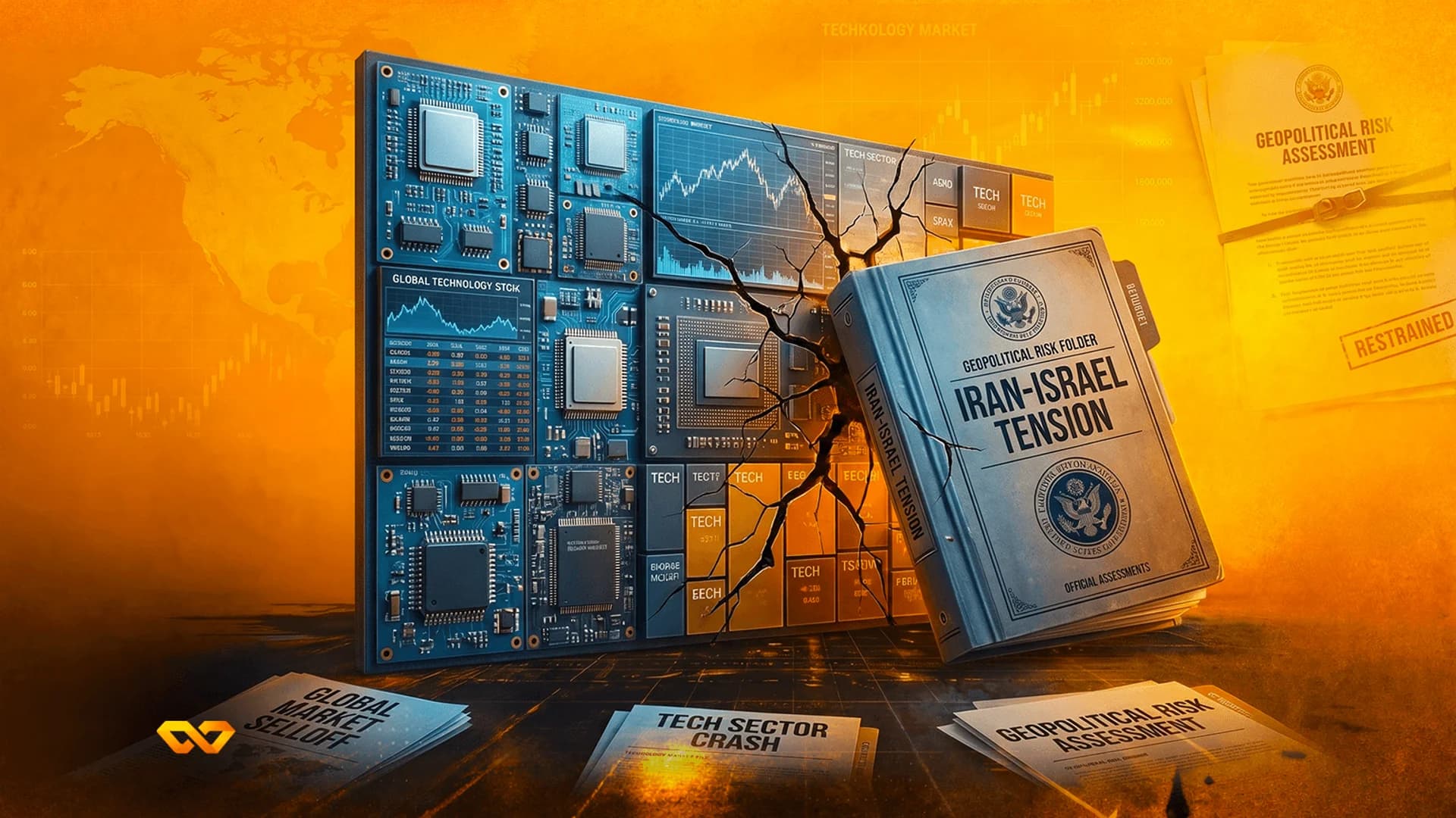 A blue circuit board being cracked by a thick folder labeled 'Iran-Israel Tension' on an orange background.