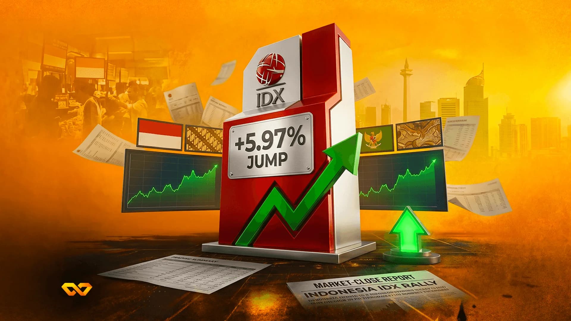 3D IDX logo on a red and white pedestal with a green arrow pointing up, surrounded by charts and the Indonesian flag.