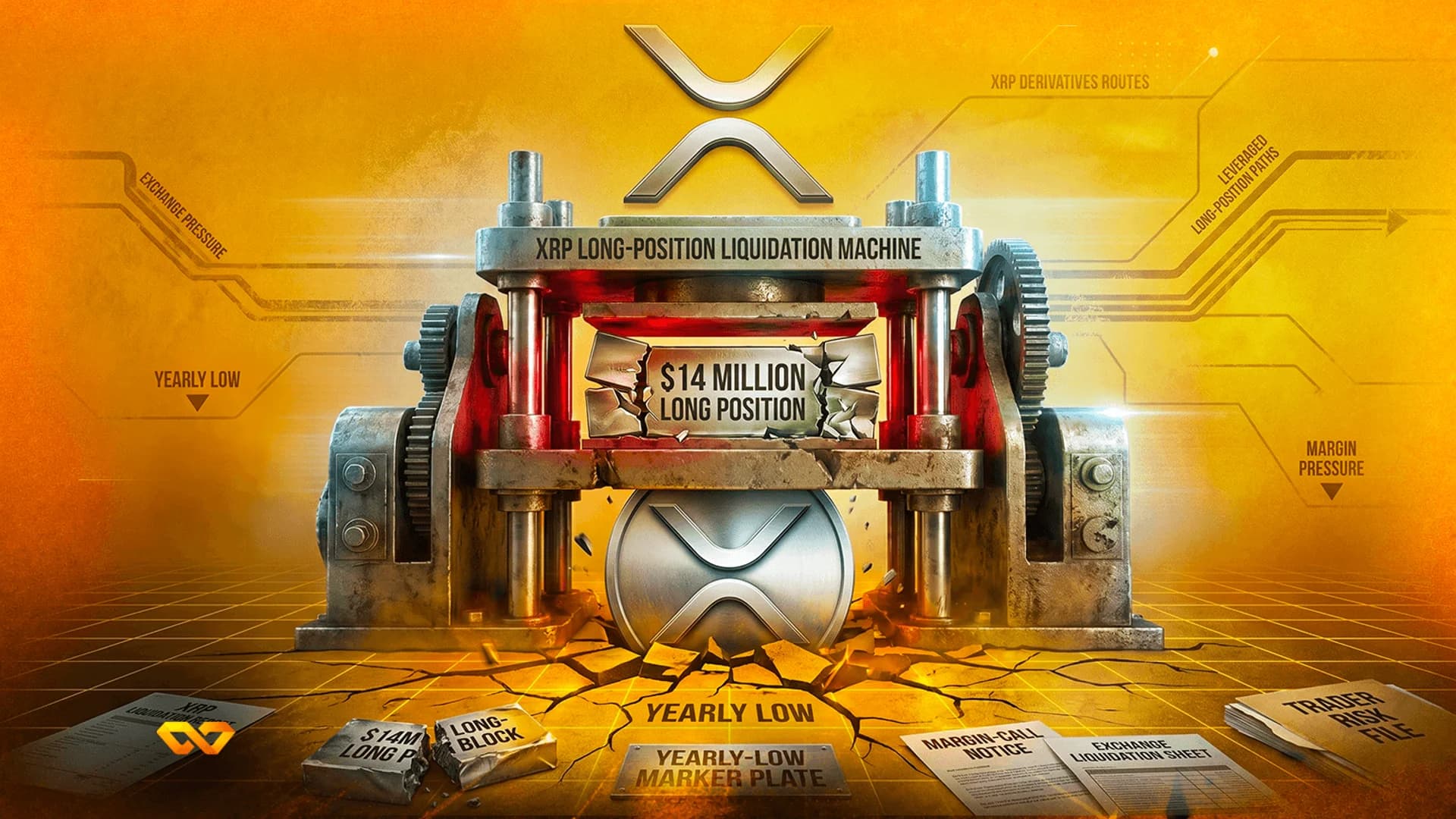 Mechanical press crushing a block labeled $14 million long position, with XRP logos on a yellow background.