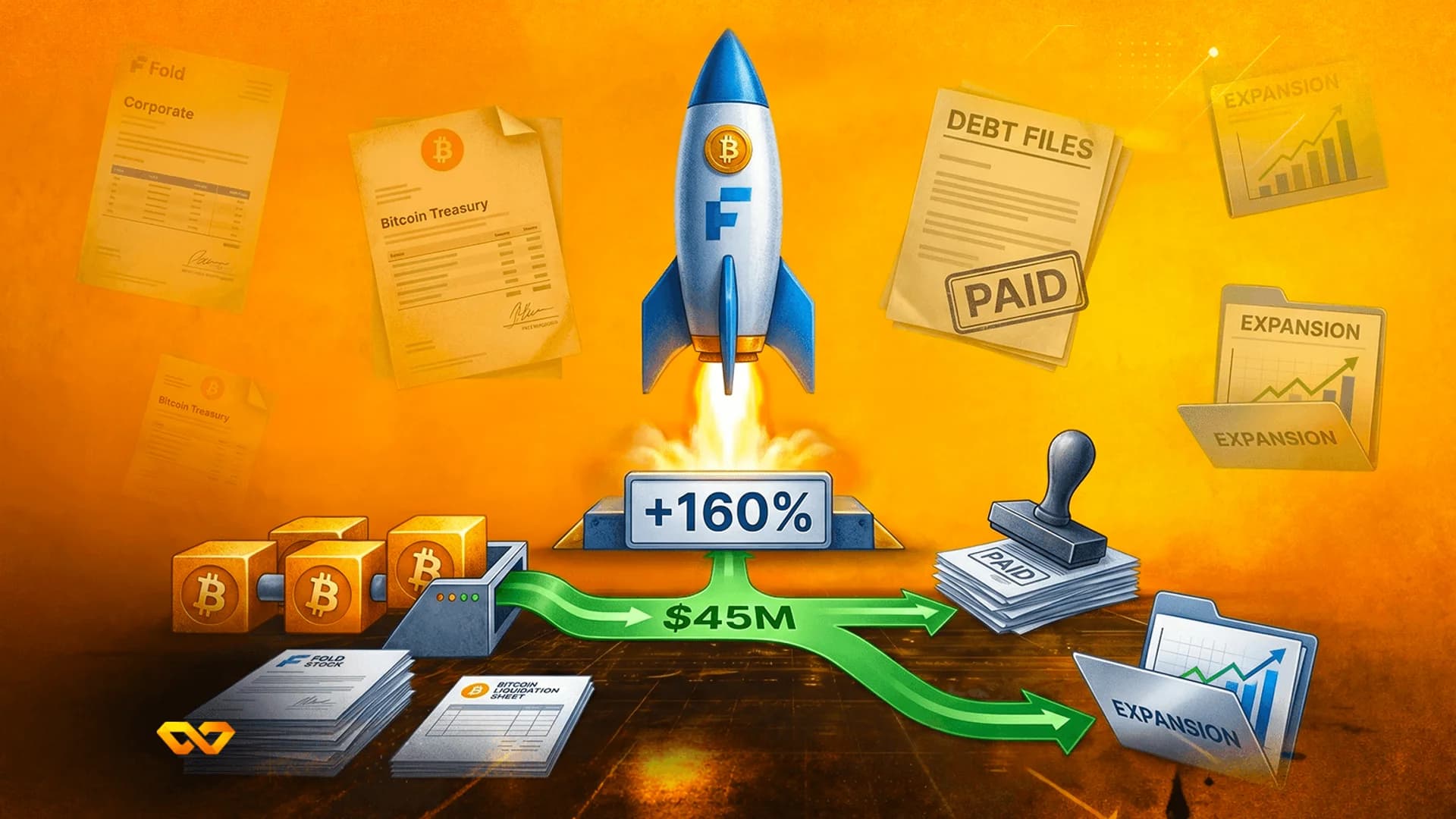 Rocket with Bitcoin logo launching over financial documents, a +160% sign, and a green $45M arrow.