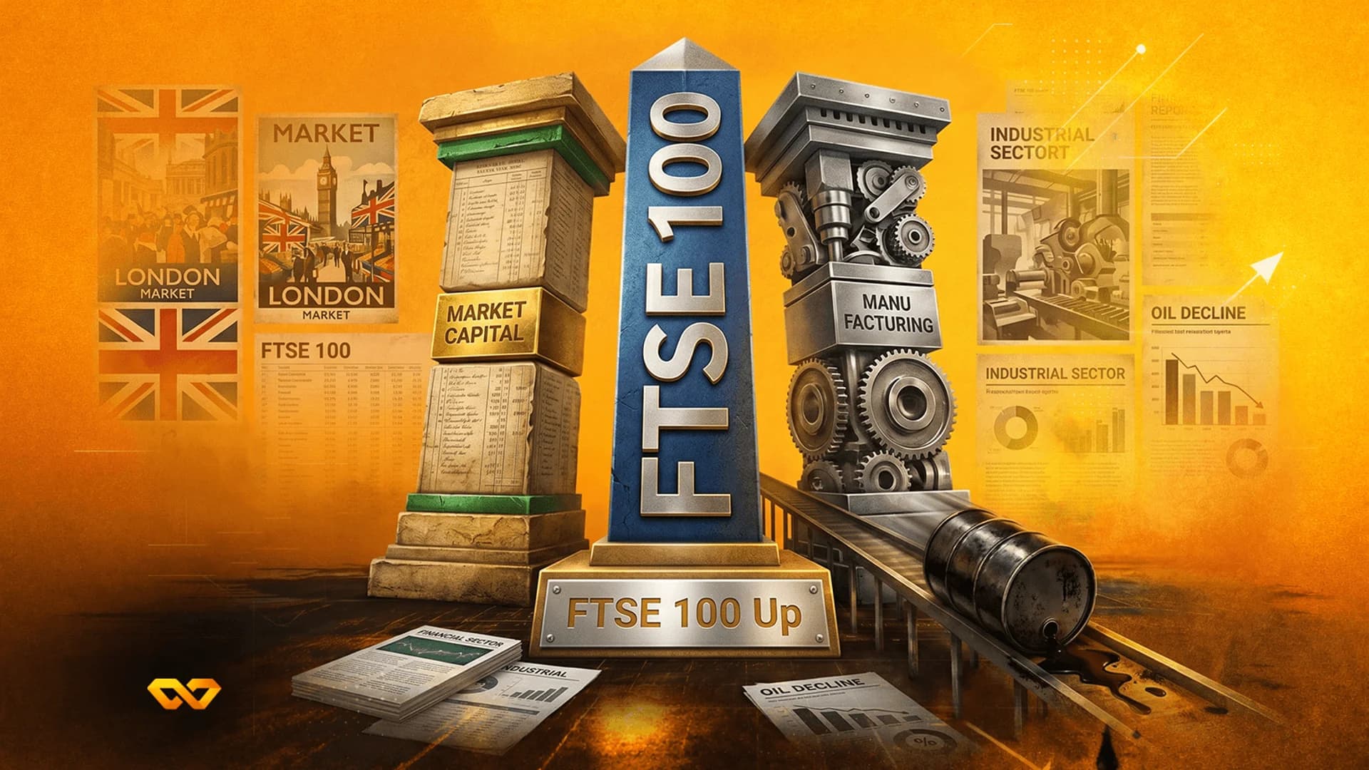 رسم رقمي لمسلة FTSE 100 بين أعمدة حجرية وميكانيكية على خلفية برتقالية.