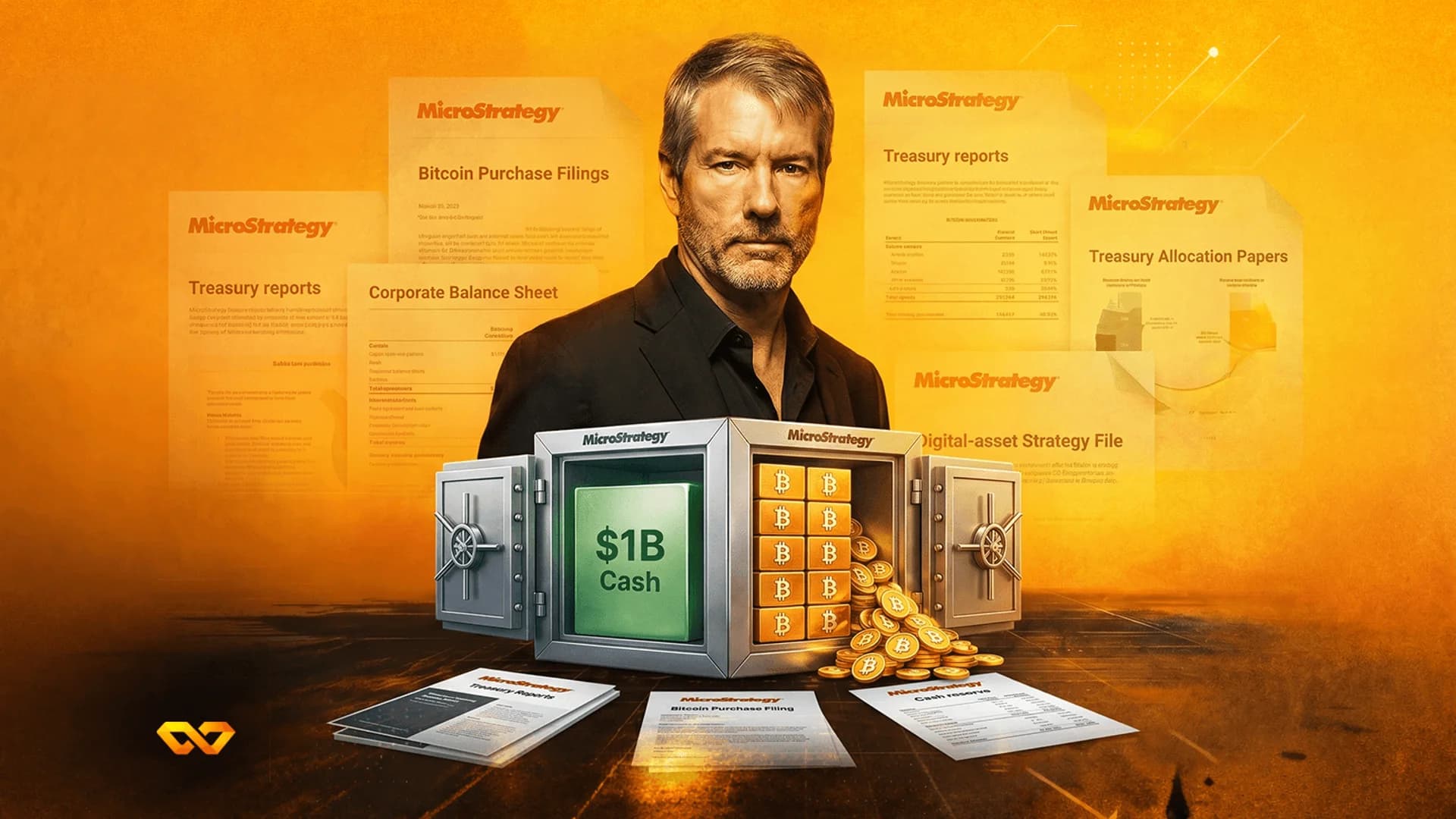 A man stands behind a safe containing $1B cash and Bitcoin coins, surrounded by MicroStrategy financial documents.