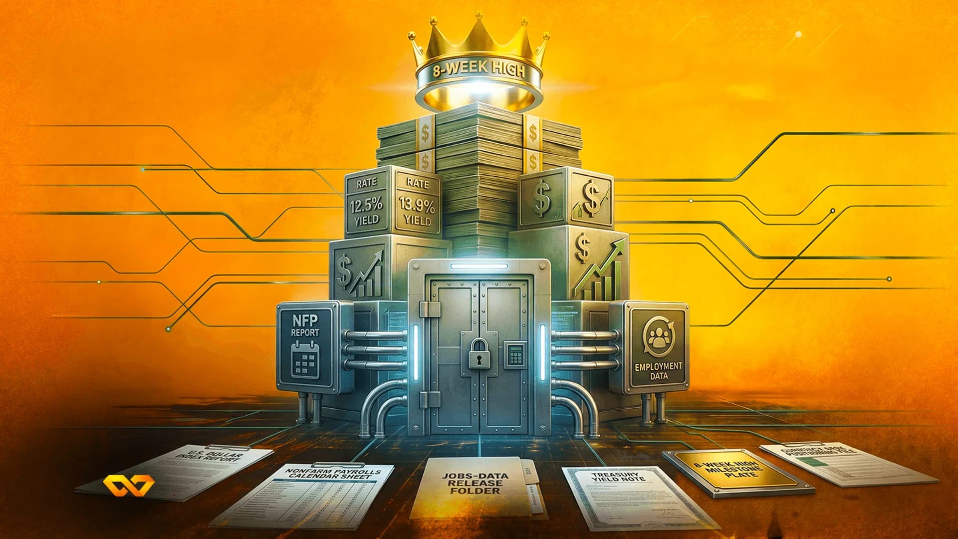 A golden crown labeled '8-WEEK HIGH' atop a vault structure made of cash stacks, yield blocks, and employment reports.