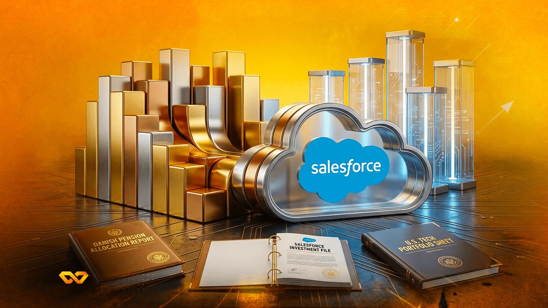 Salesforce cloud logo with gold and silver bar charts, glass pillars, and financial reports on a dark surface.