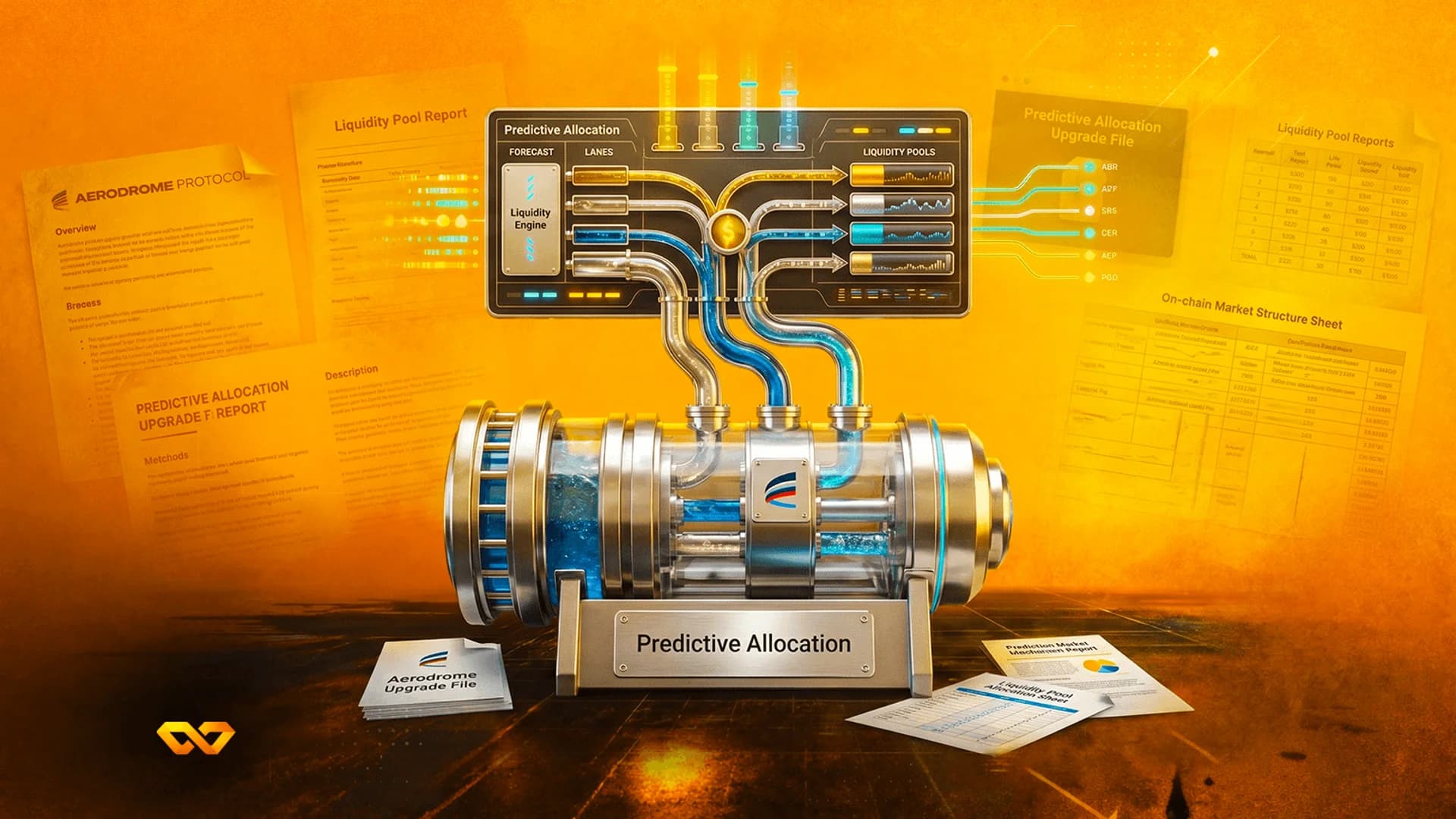 A futuristic machine with blue liquid tubes and digital screens labeled Predictive Allocation and Aerodrome Protocol.