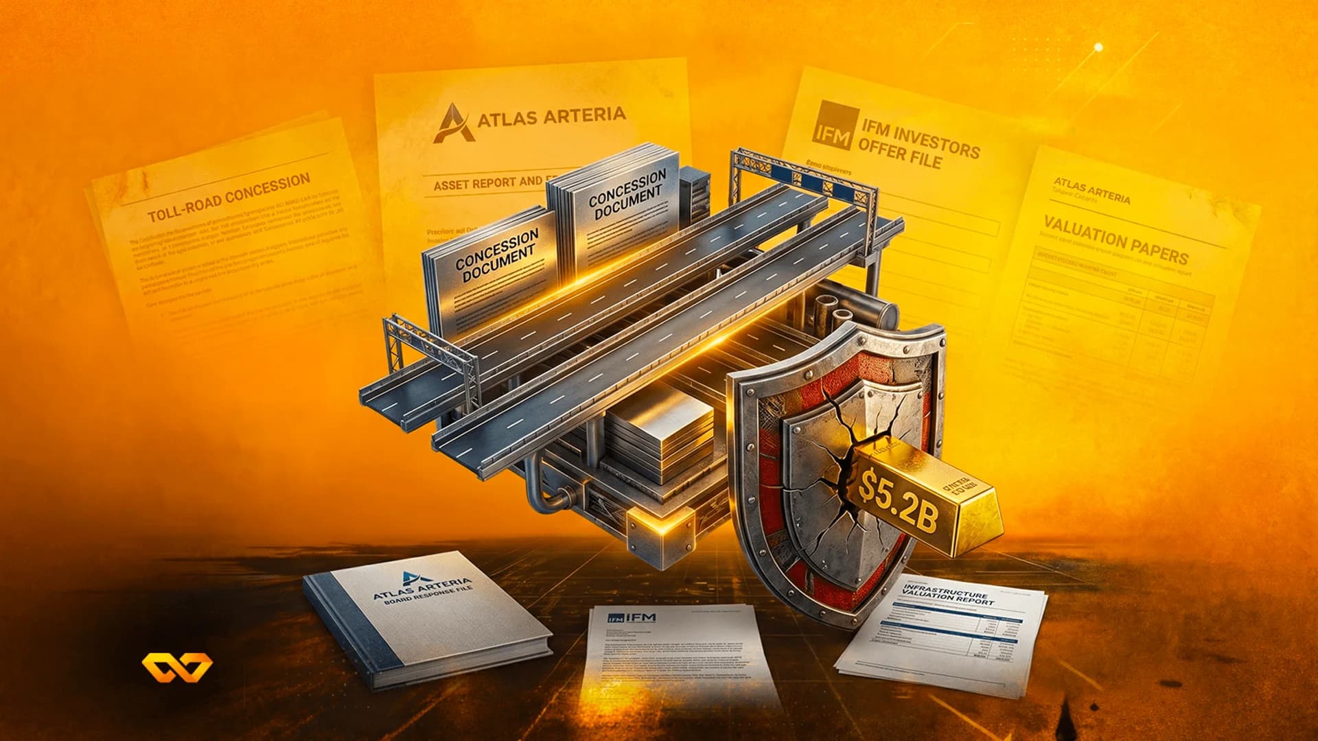 3D highway model, a shield pierced by a $5.2B gold bar, and corporate documents on a textured orange background.