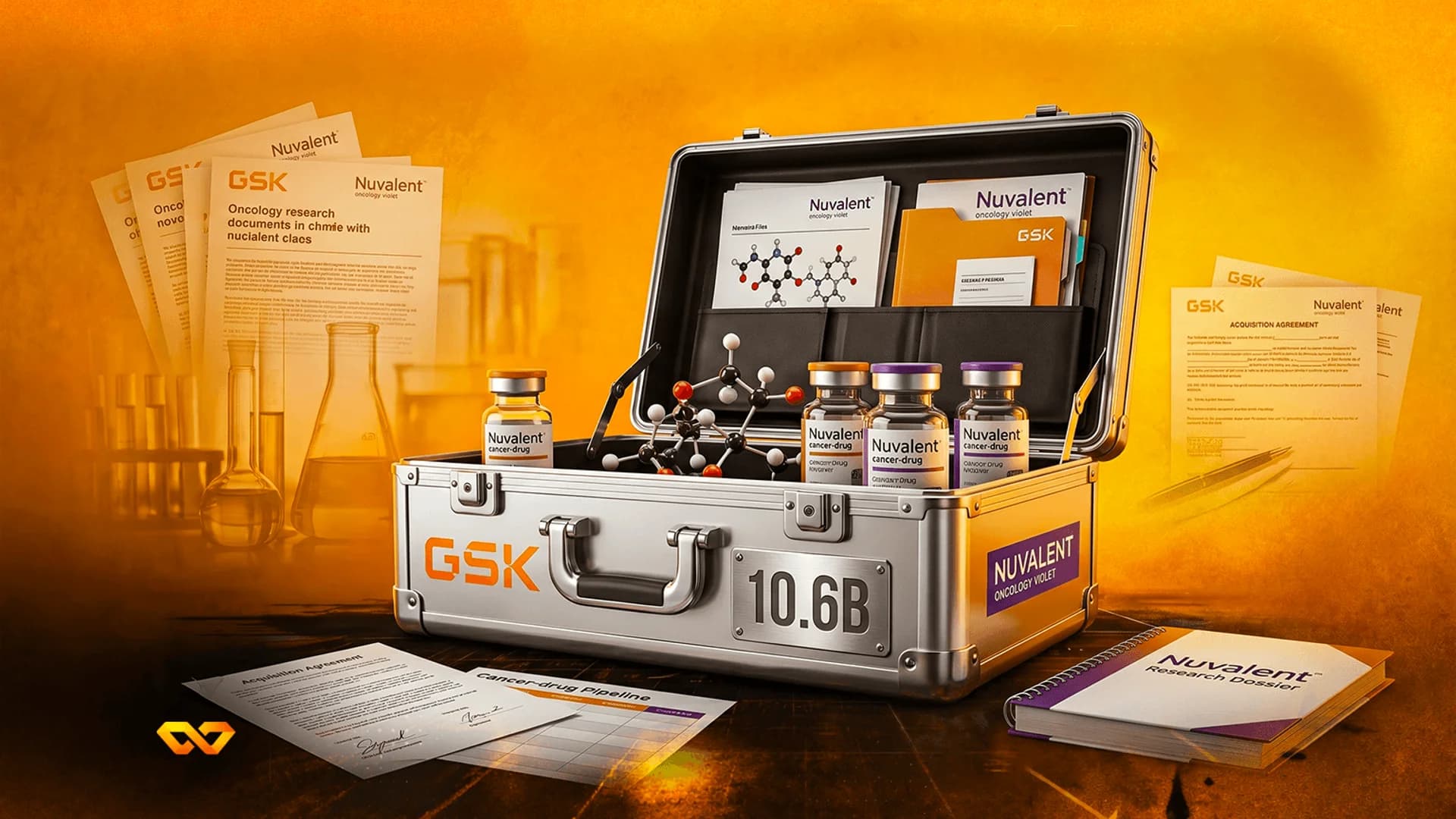 Silver briefcase with GSK logo containing Nuvalent cancer drug vials and acquisition documents on an orange background.
