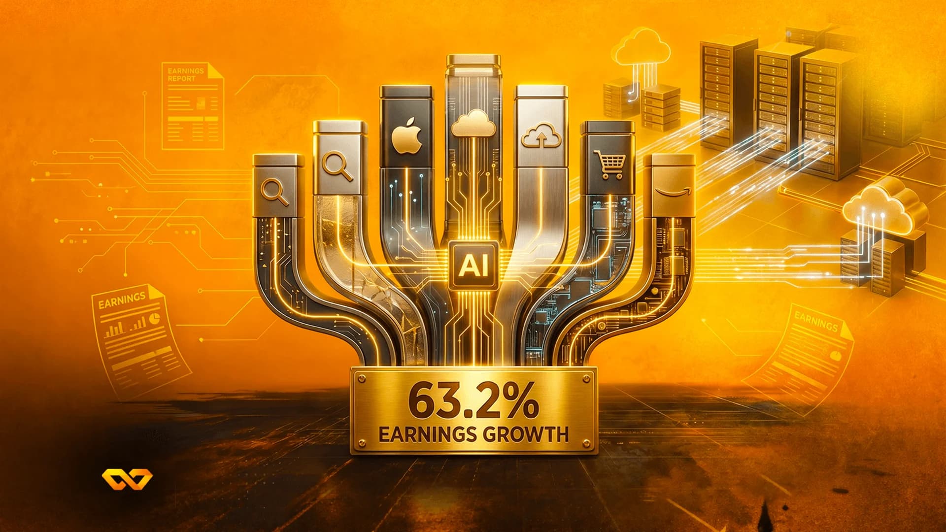 Golden structure with tech logos and AI chip above a 63.2% earnings growth plaque on an orange background.