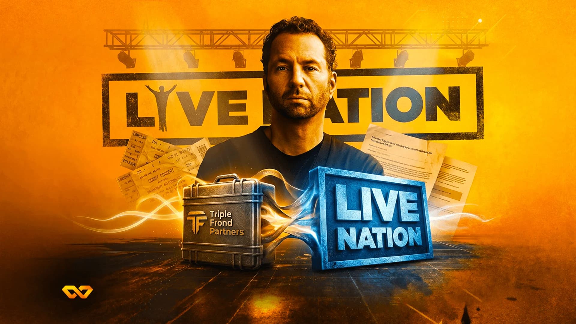 Portrait of a man over a yellow background with Live Nation signs, a Triple Frond Partners briefcase, and tickets.