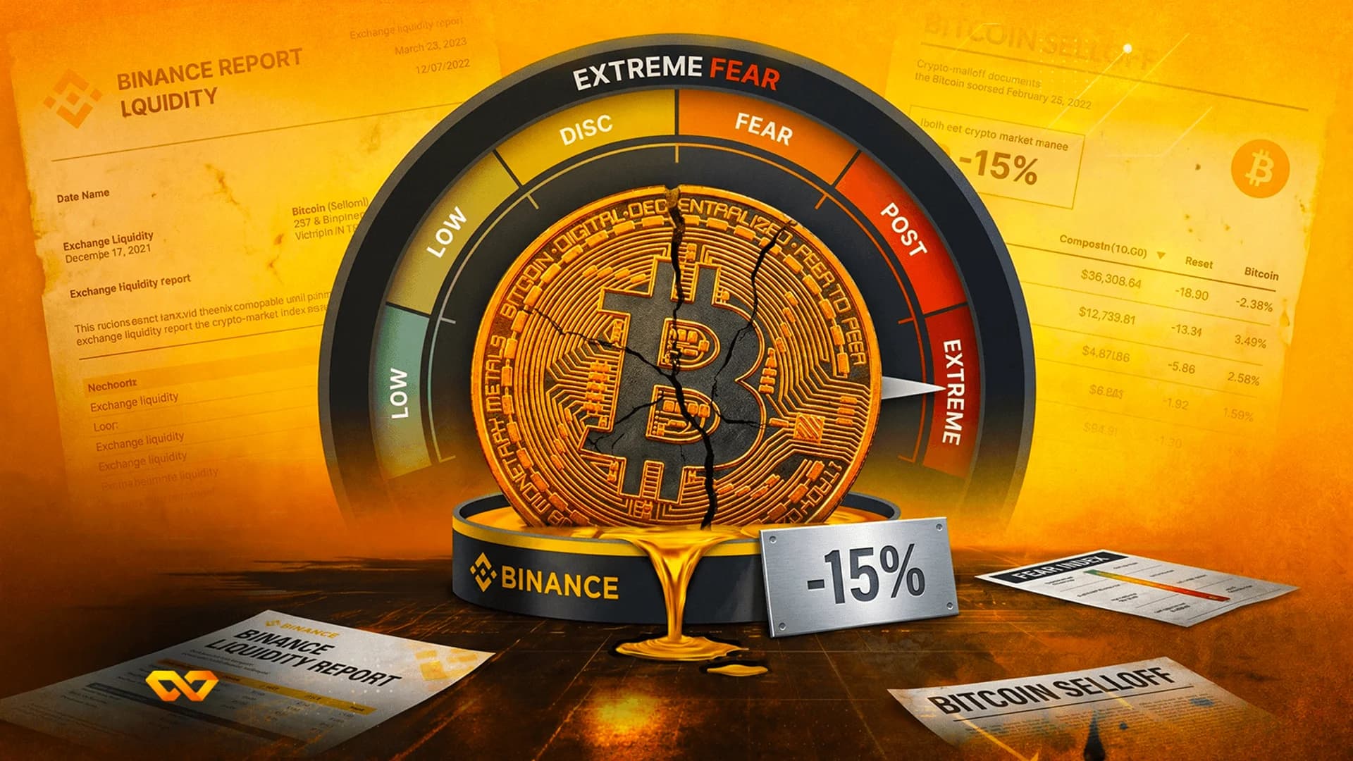 A cracked gold Bitcoin coin sits in front of a market sentiment gauge pointing to extreme fear, with Binance reports.
