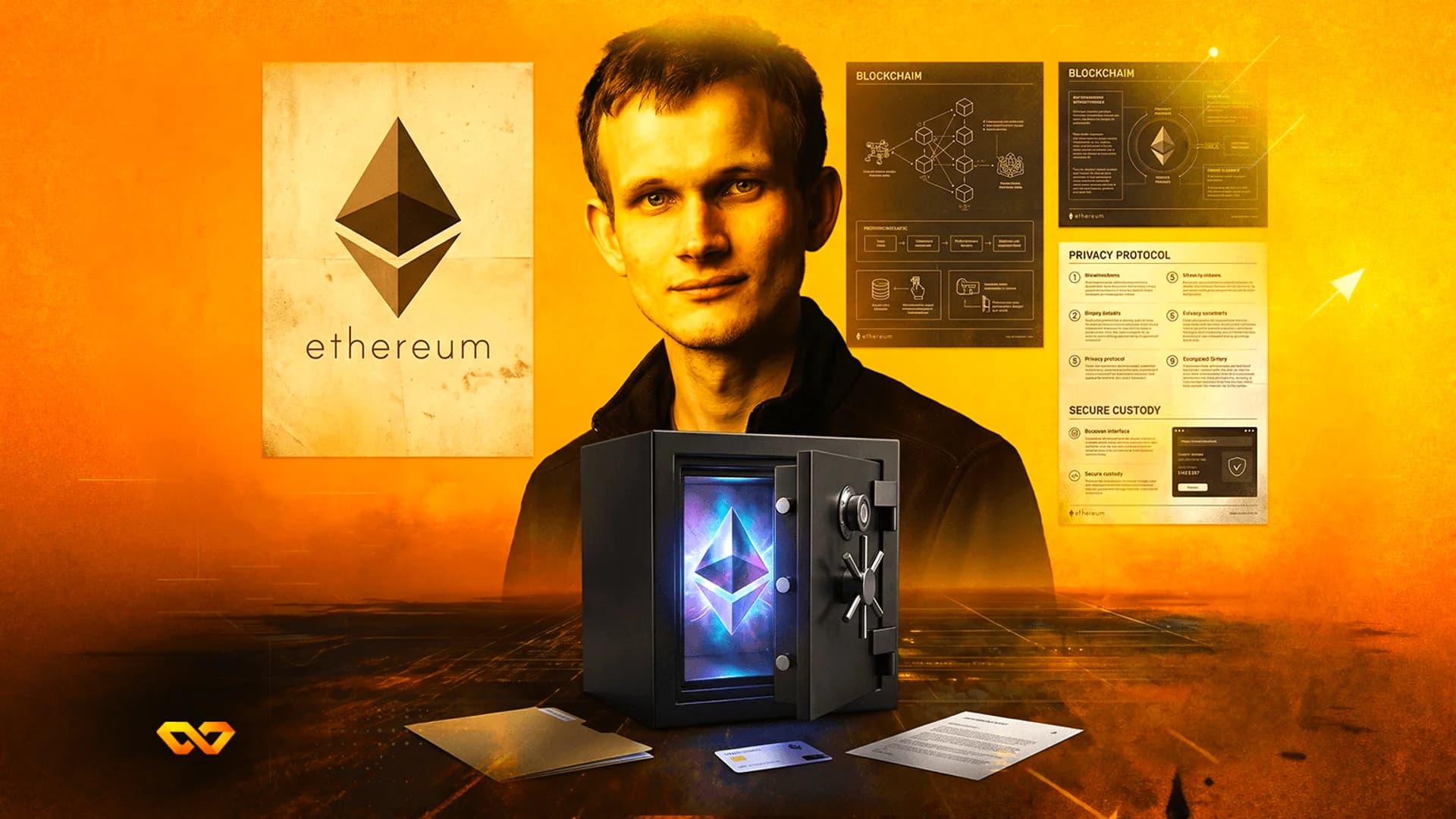 Portrait of Vitalik Buterin next to an Ethereum poster and a safe containing a glowing Ethereum logo.