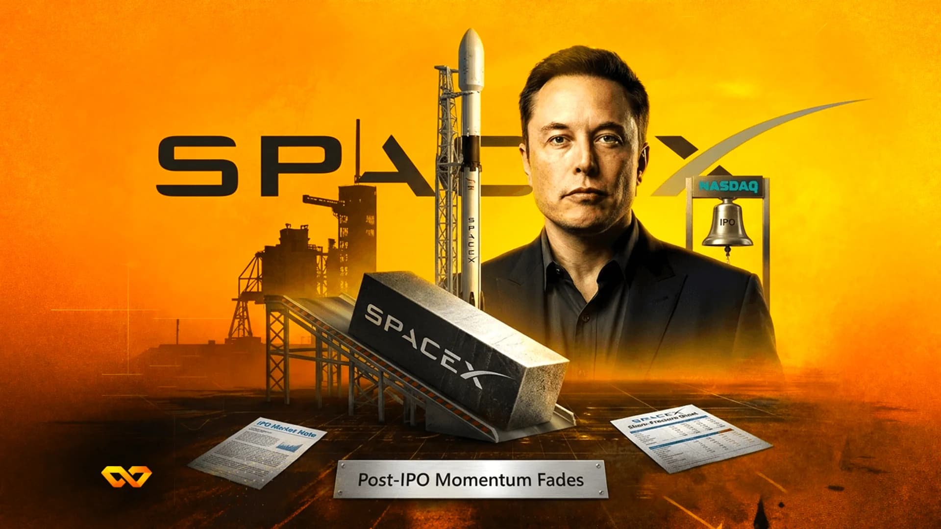 Portrait of Elon Musk with SpaceX logo, a rocket, and a NASDAQ IPO bell on an orange background.