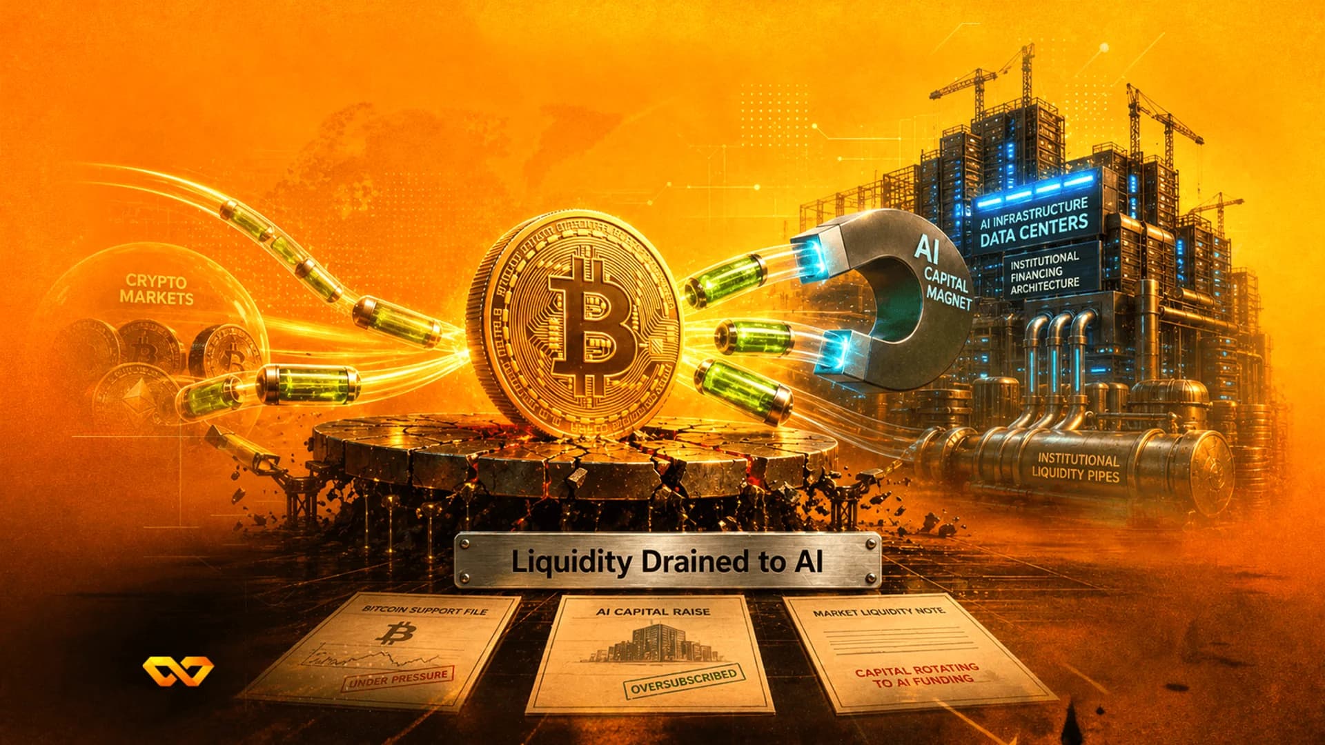 رسم توضيحي لعملة بيتكوين بين فقاعة أسواق العملات الرقمية ومغناطيس كبير يسحب كبسولات خضراء متوهجة.