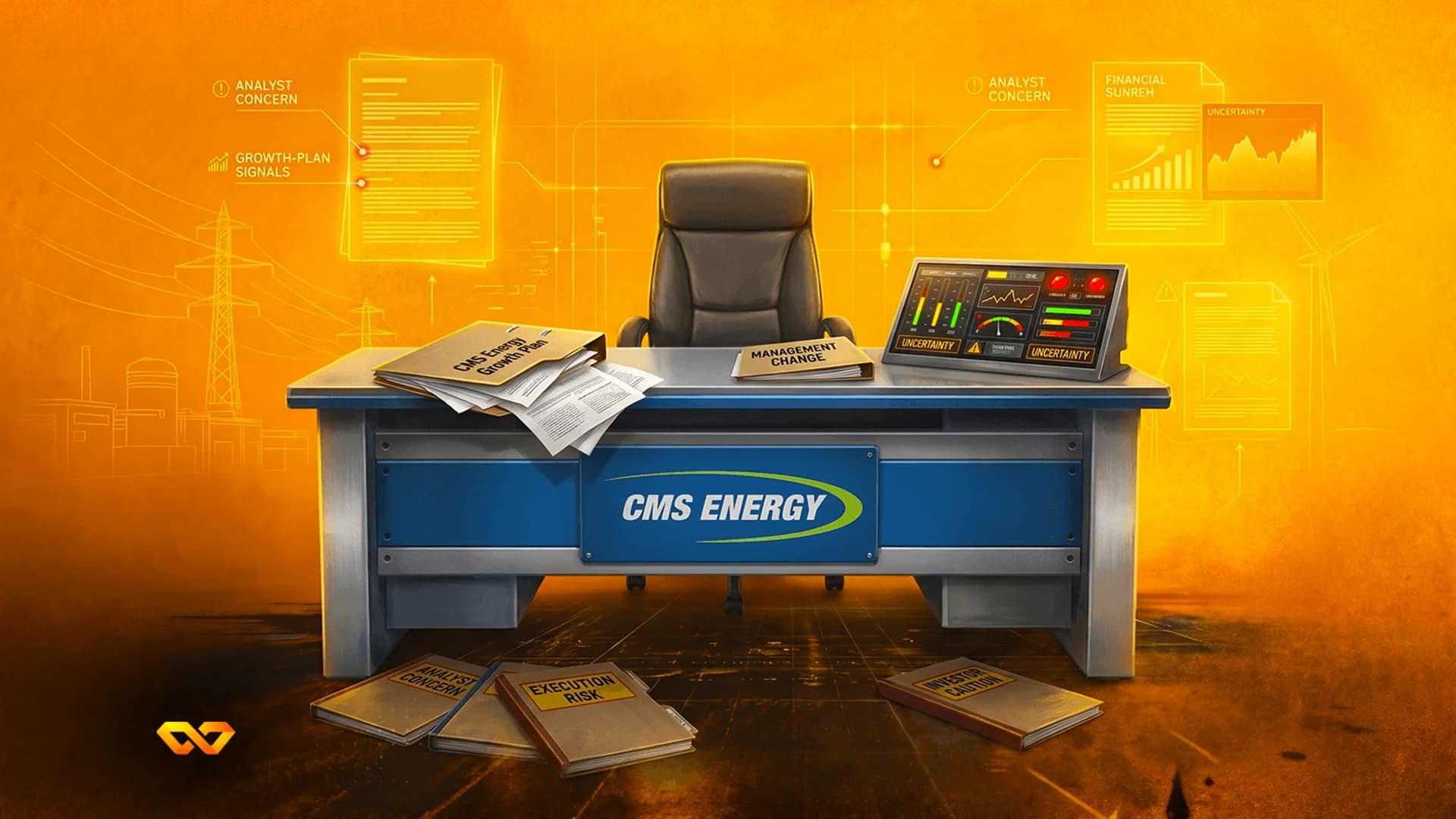 رسم توضيحي لمكتب عليه شعار CMS Energy، ومجلدات تحمل ملصقات مخاطر، ومخططات لبنية تحتية للطاقة باللون البرتقالي.