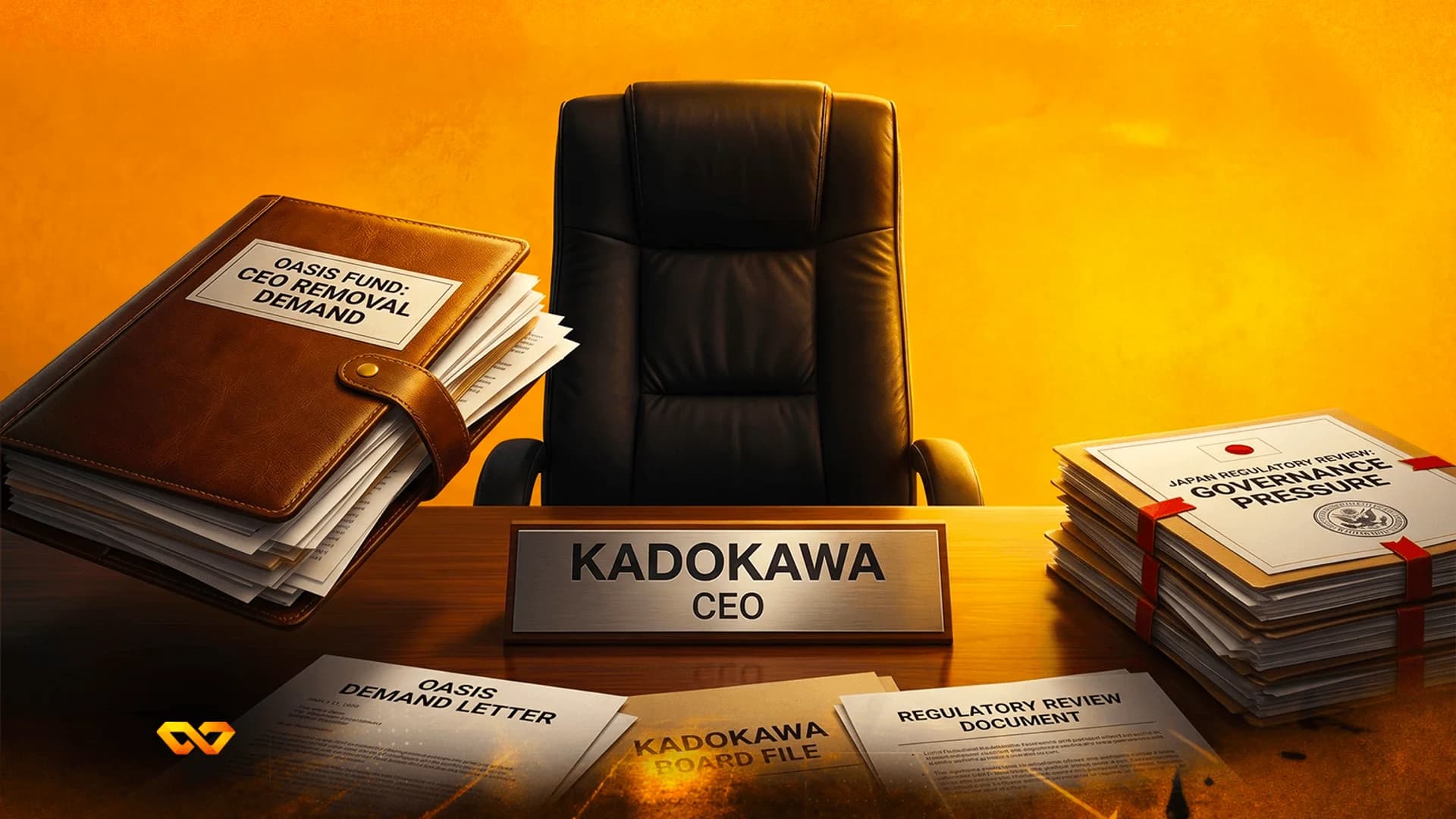 An empty black office chair behind a desk with a KADOKAWA CEO nameplate and stacks of legal documents.