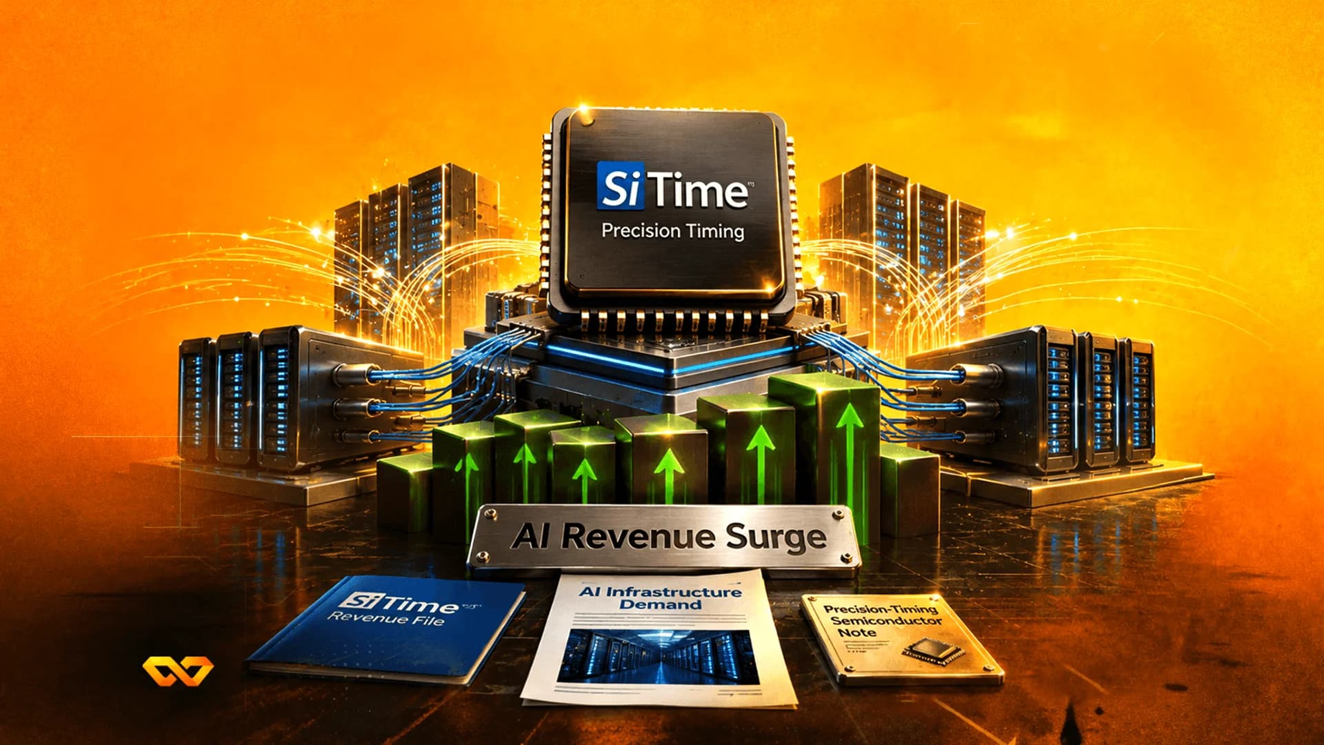 A SiTime semiconductor chip above a rising green bar chart, surrounded by data center servers on an orange background.