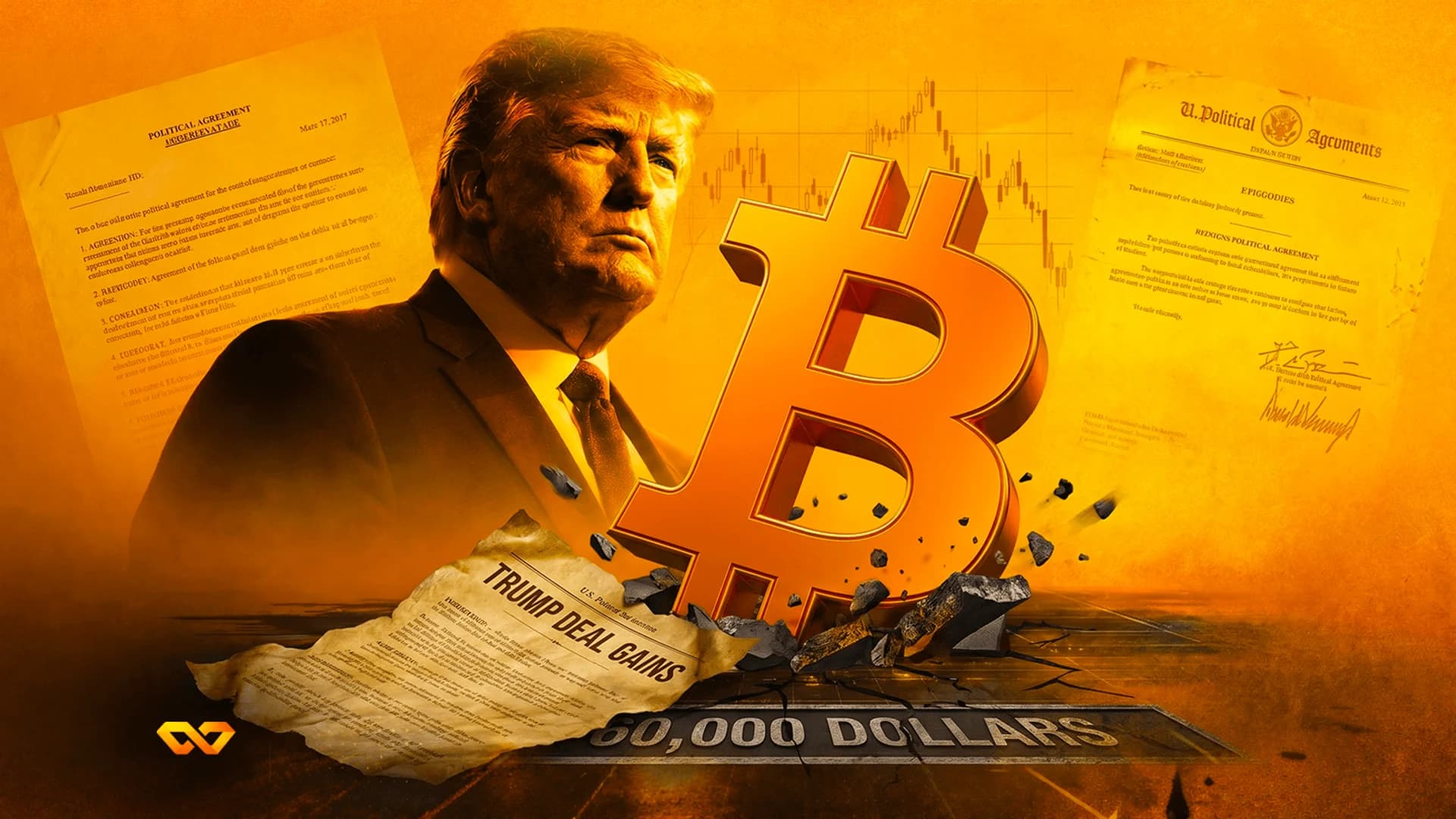 Portrait of Donald Trump beside a large 3D Bitcoin logo and papers on a cracked orange background.