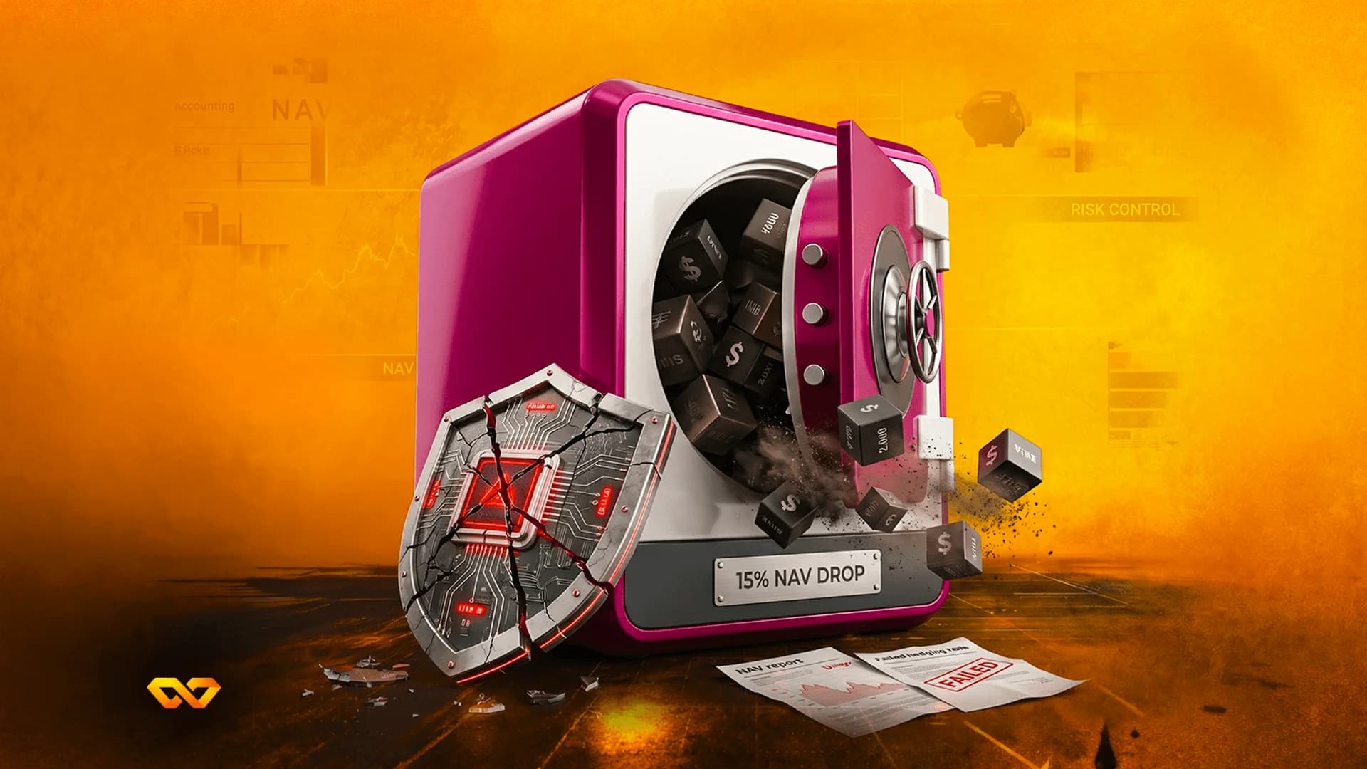 A pink safe spilling black cubes with dollar signs next to a broken digital shield and papers marked failed.