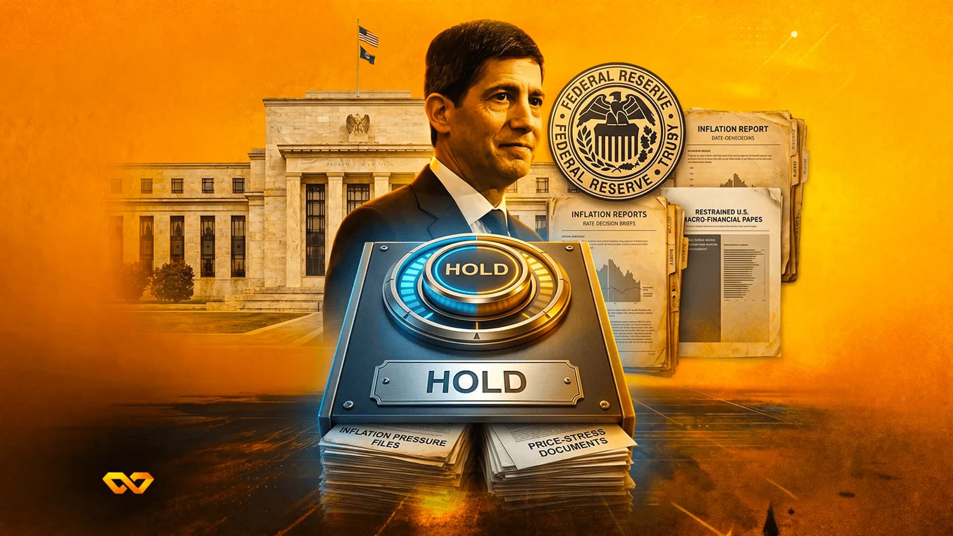 صورة لرجل أمام مبنى الاحتياطي الفيدرالي مع زر 'HOLD' ومستندات تقارير التضخم.