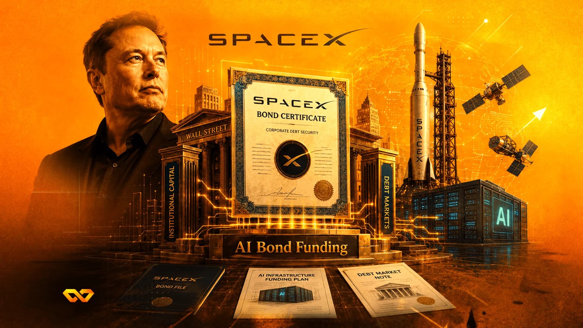 Digital illustration of Elon Musk, SpaceX logo, a bond certificate, and a rocket against an orange background.
