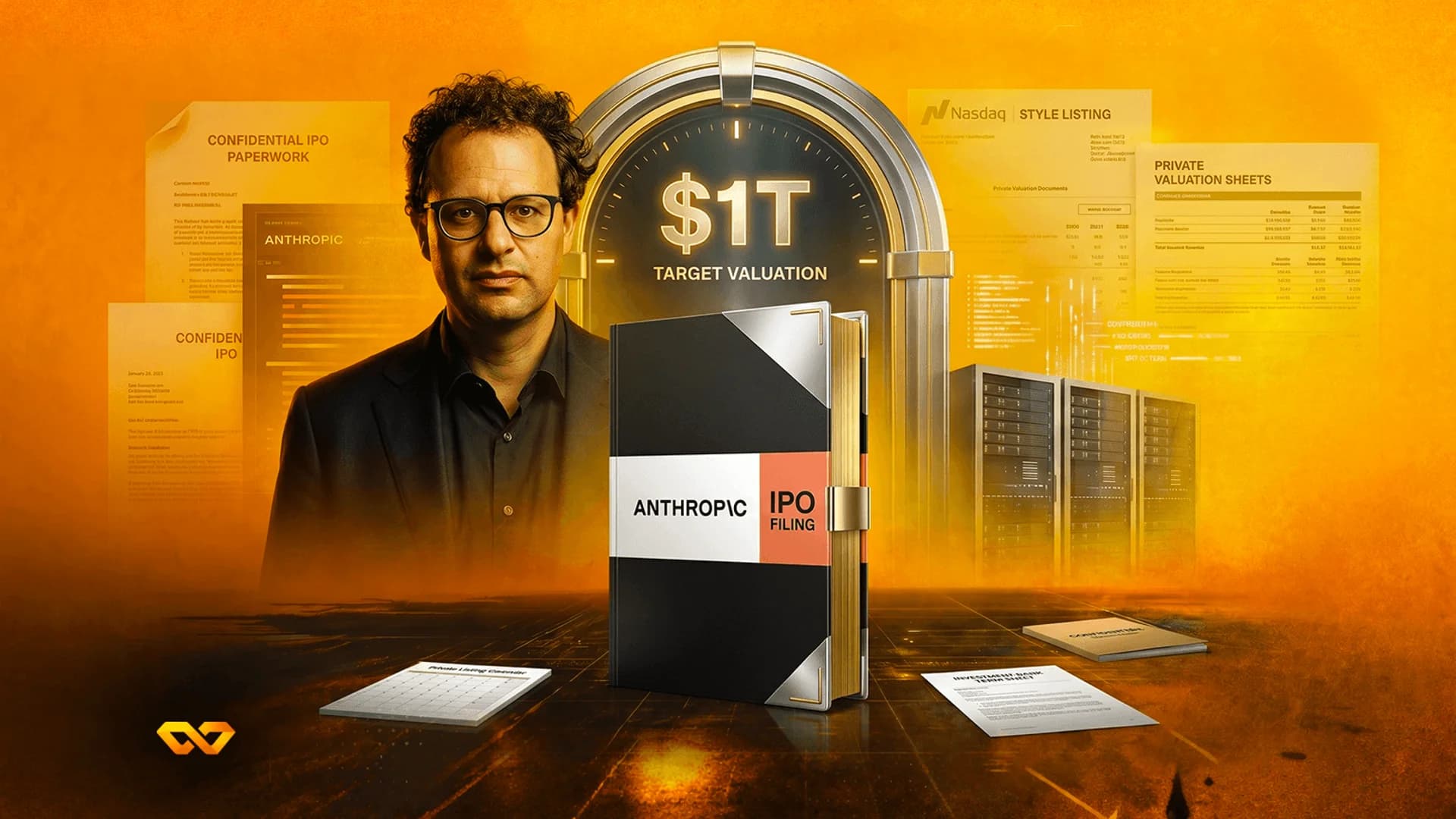Portrait of a man with glasses behind a book titled Anthropic IPO Filing, with financial documents and a $1T sign.