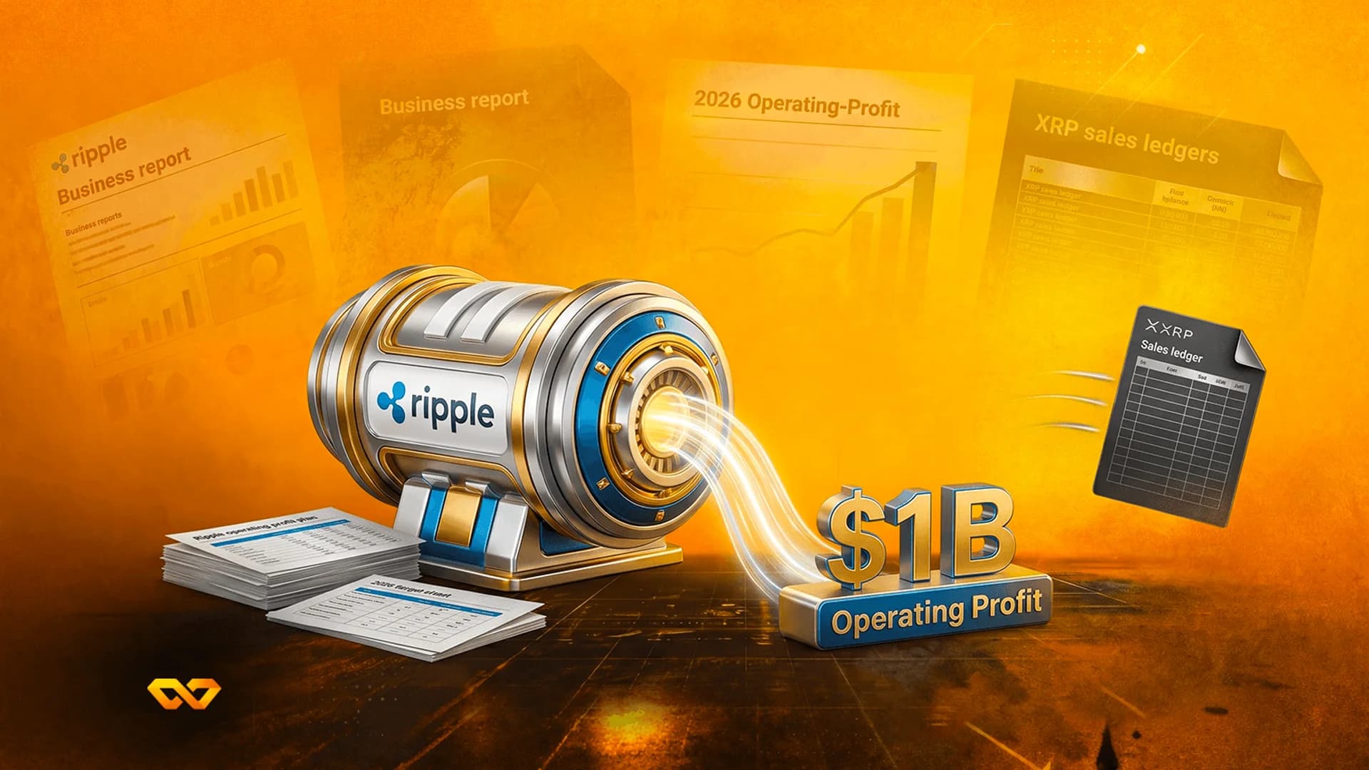 Futuristic Ripple-branded machine emitting a glowing '$1B Operating Profit' sign amidst floating financial documents.