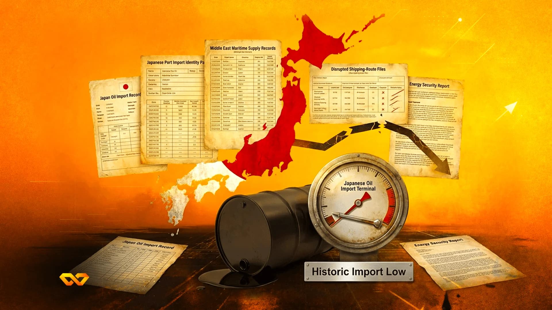 A red map of Japan surrounded by oil import documents, a black oil barrel, and a gauge indicating a historic low.